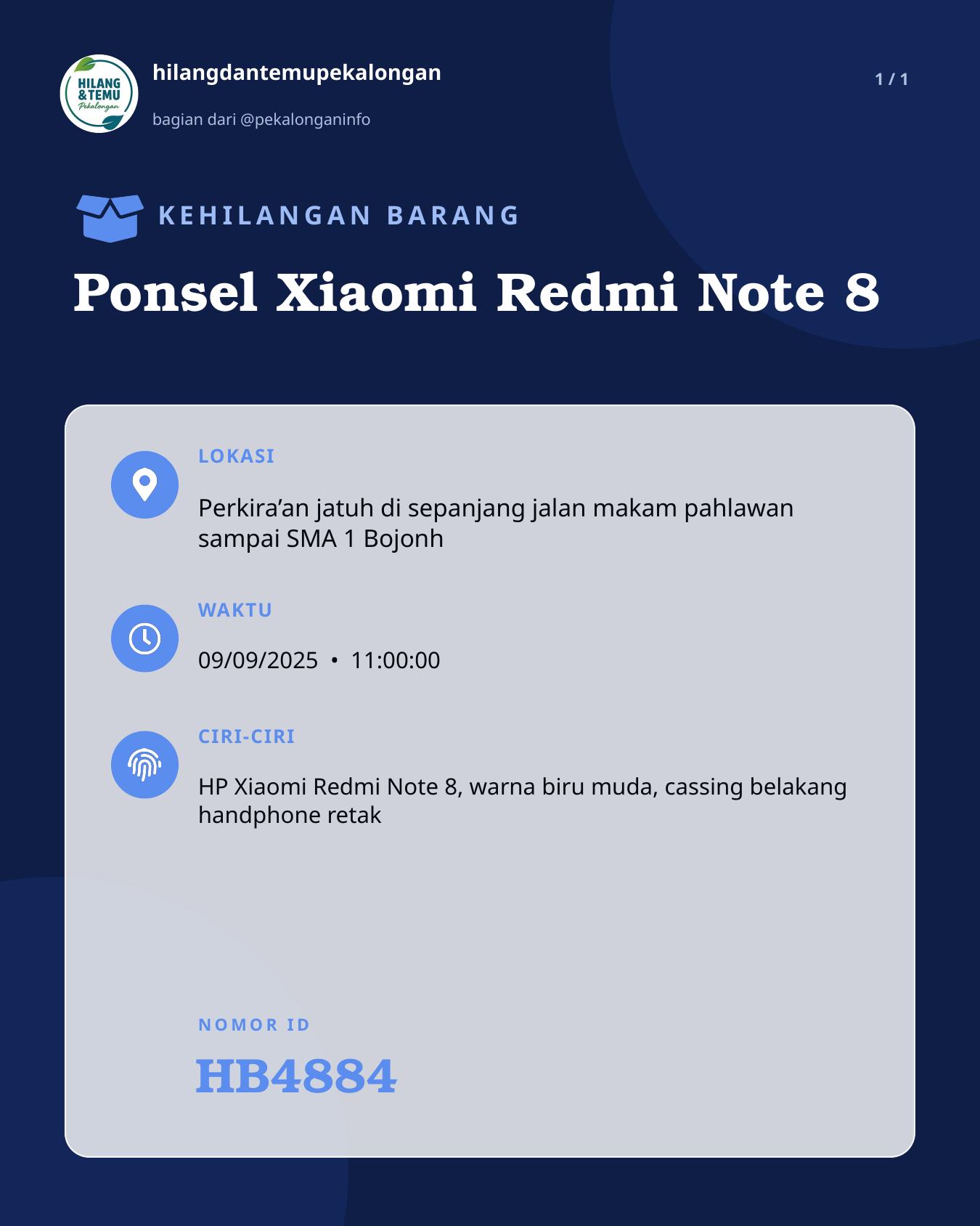 Slide laporan Ponsel Xiaomi Redmi Note 8 (HB4884)