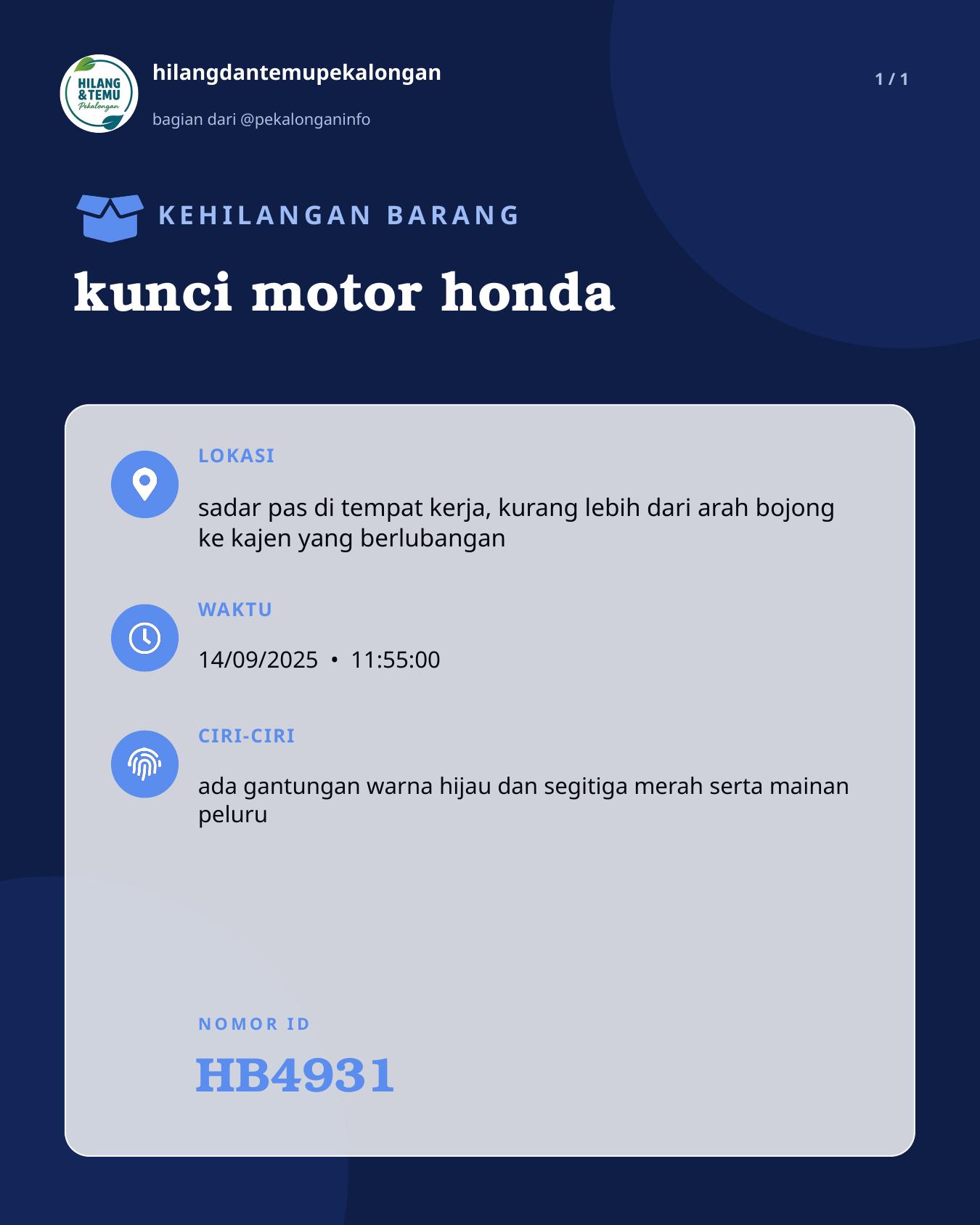 Slide laporan kunci motor honda (HB4931)