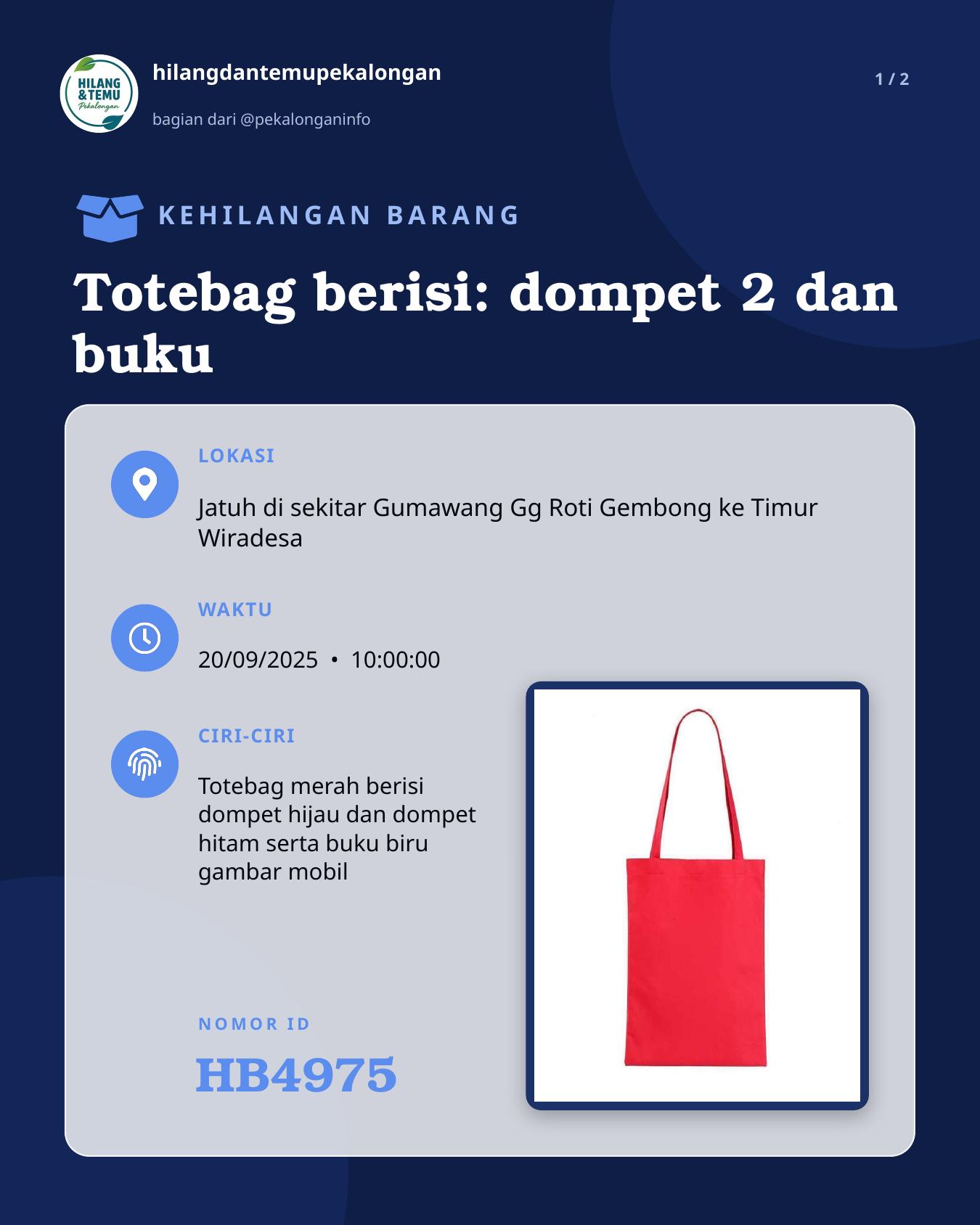 Slide 1 laporan Totebag berisi: dompet 2 dan buku