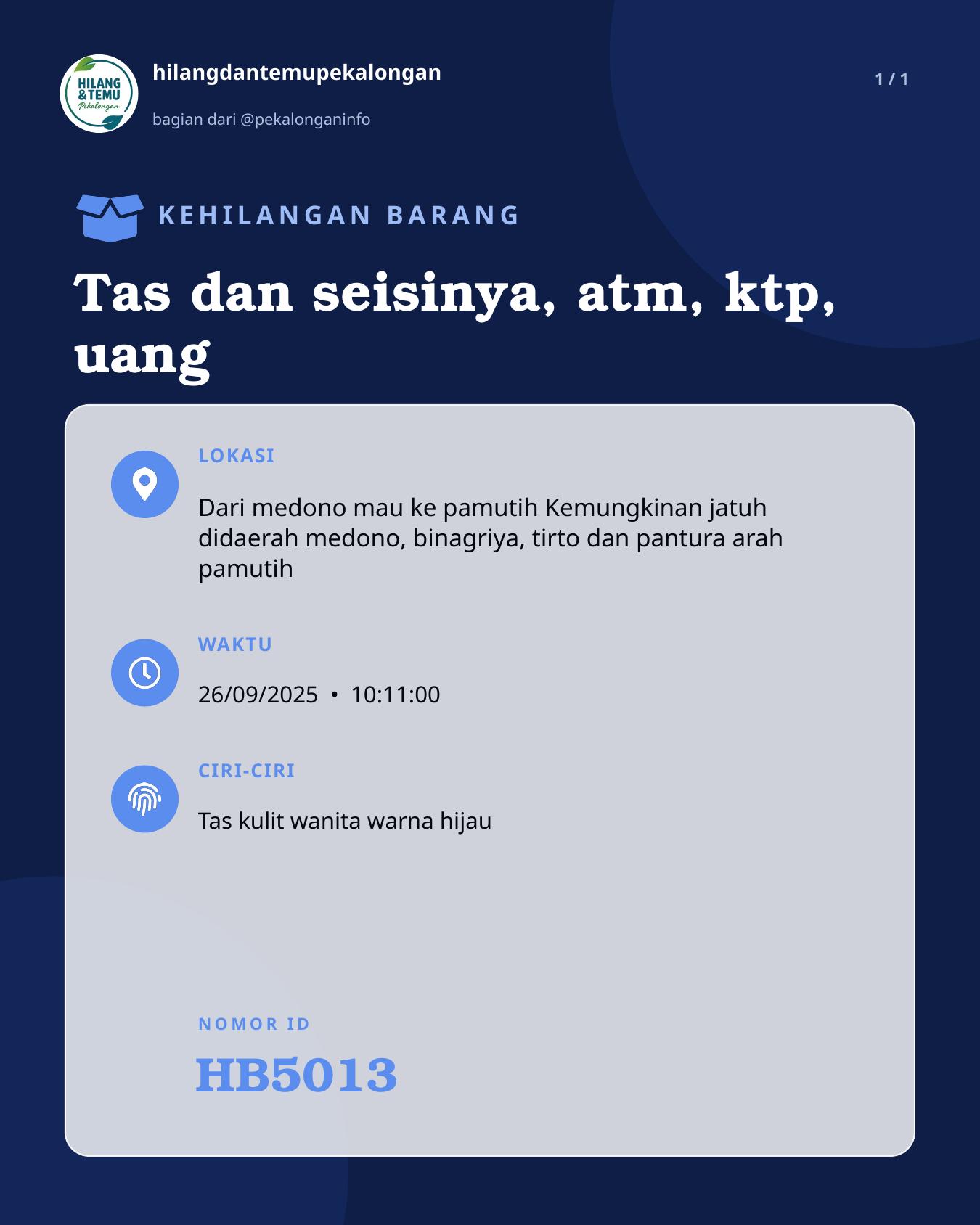 Slide laporan Tas dan seisinya, atm, ktp, uang (HB5013)
