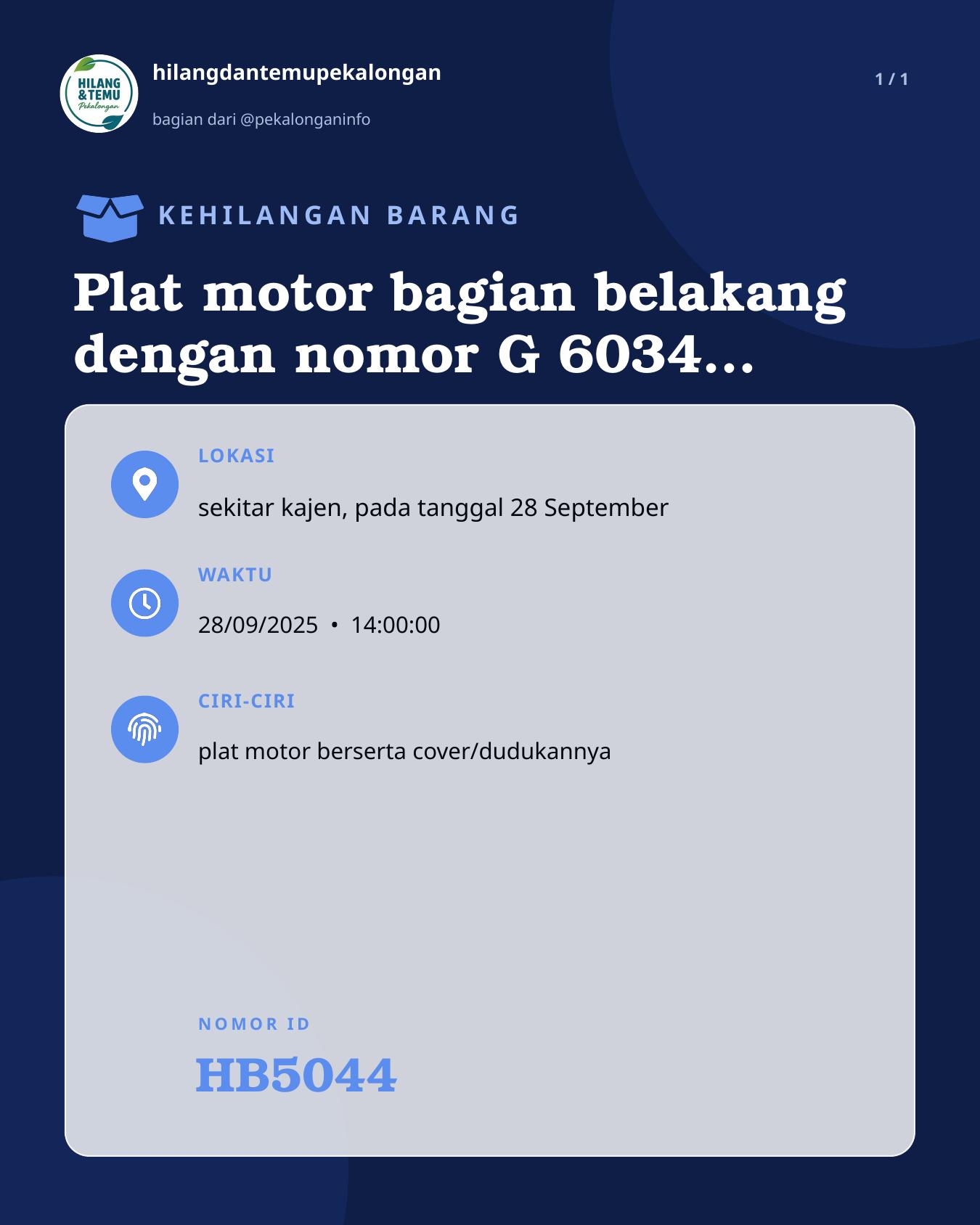 Slide laporan Plat motor bagian belakang dengan nomor G 6034 AIB (HB5044)