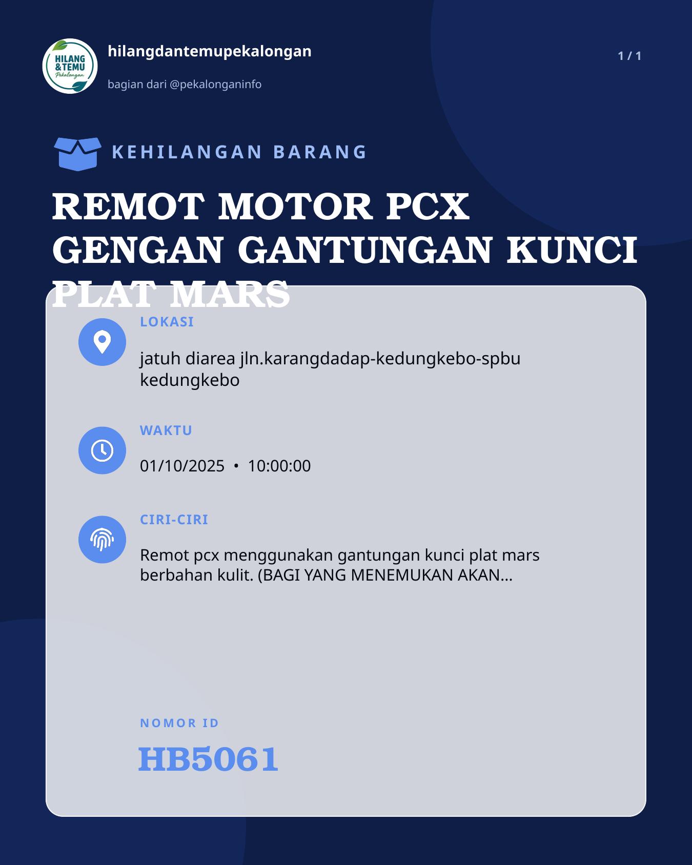 Slide laporan REMOT MOTOR PCX GENGAN GANTUNGAN KUNCI PLAT MARS (HB5061)