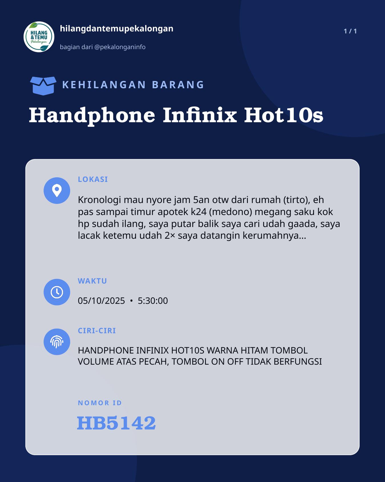 Slide laporan Handphone Infinix Hot10s (HB5142)