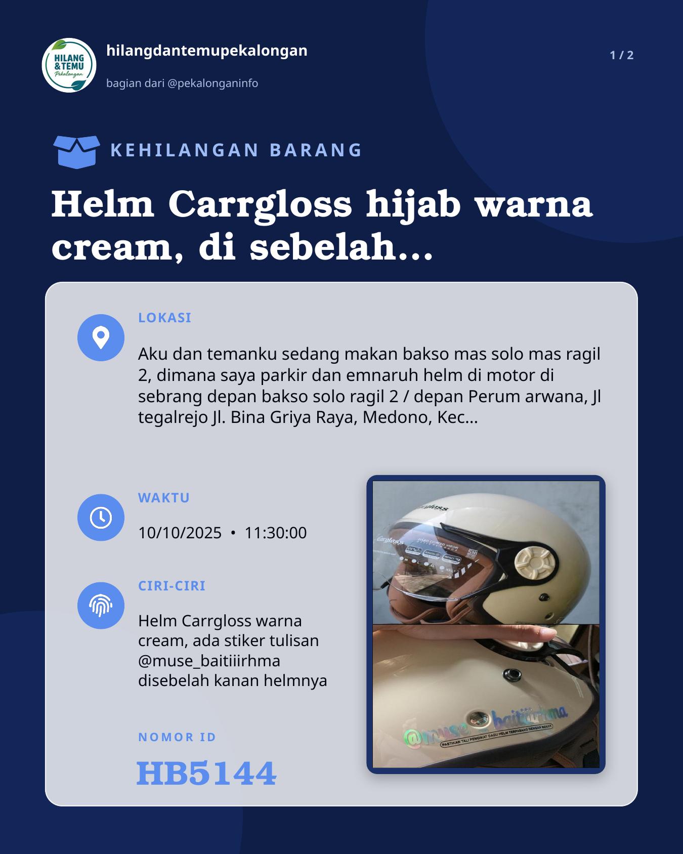 Slide 1 laporan Helm Carrgloss hijab warna cream, di sebelah kanan ada stiker tulisan @muse_baitiiirhma