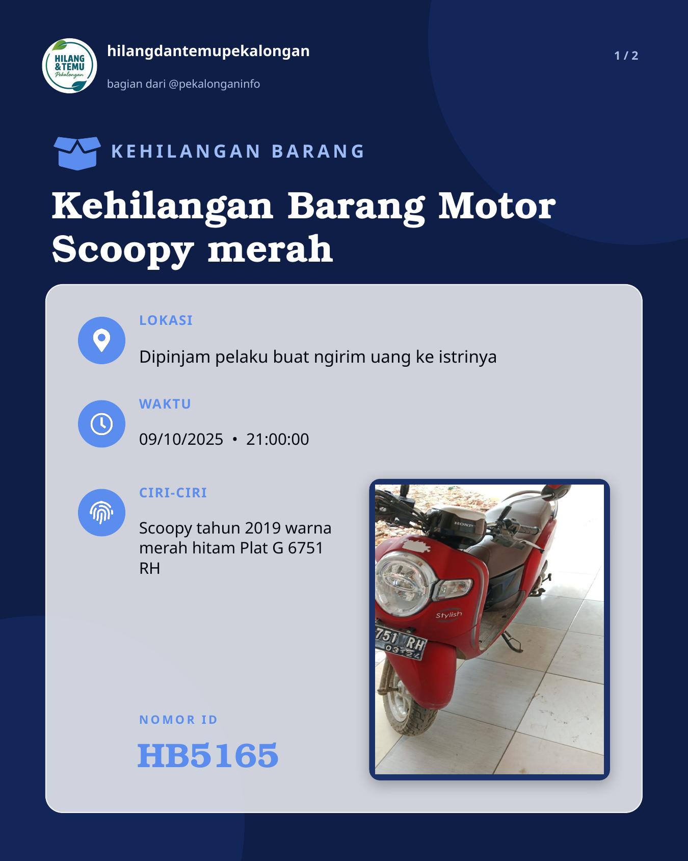 Slide 1 laporan Kehilangan Barang Motor Scoopy merah