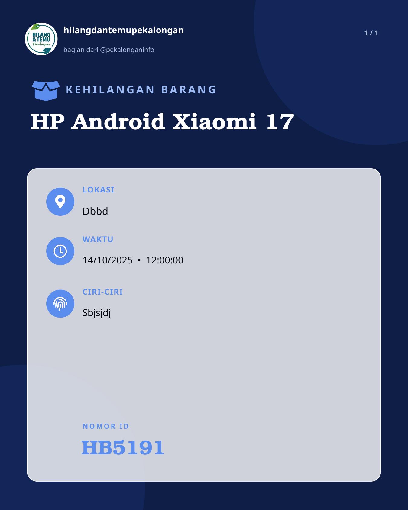 Slide laporan HP Android Xiaomi 17 (HB5191)