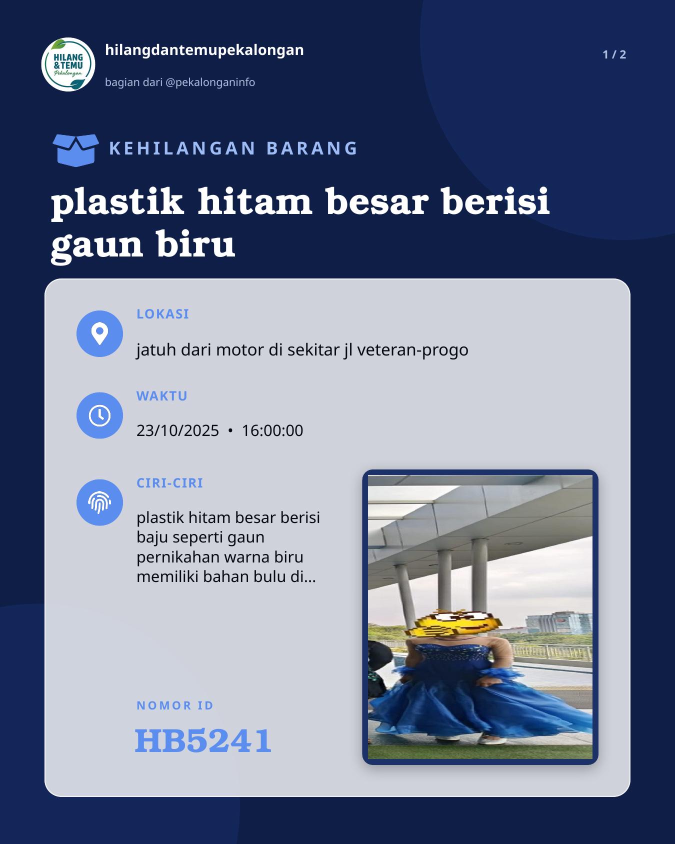 Slide 1 laporan plastik hitam besar berisi gaun biru