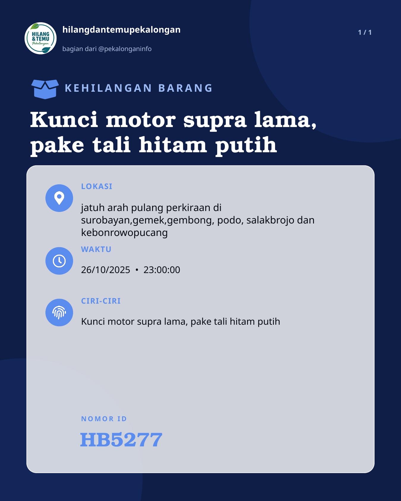Slide laporan Kunci motor supra lama, pake tali hitam putih (HB5277)