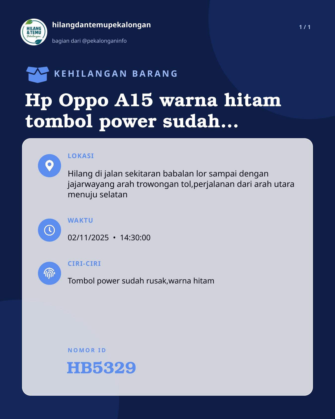 Slide laporan Hp Oppo A15 warna hitam tombol power sudah rusak,tidak pakai softcase/hardcase (HB5329)