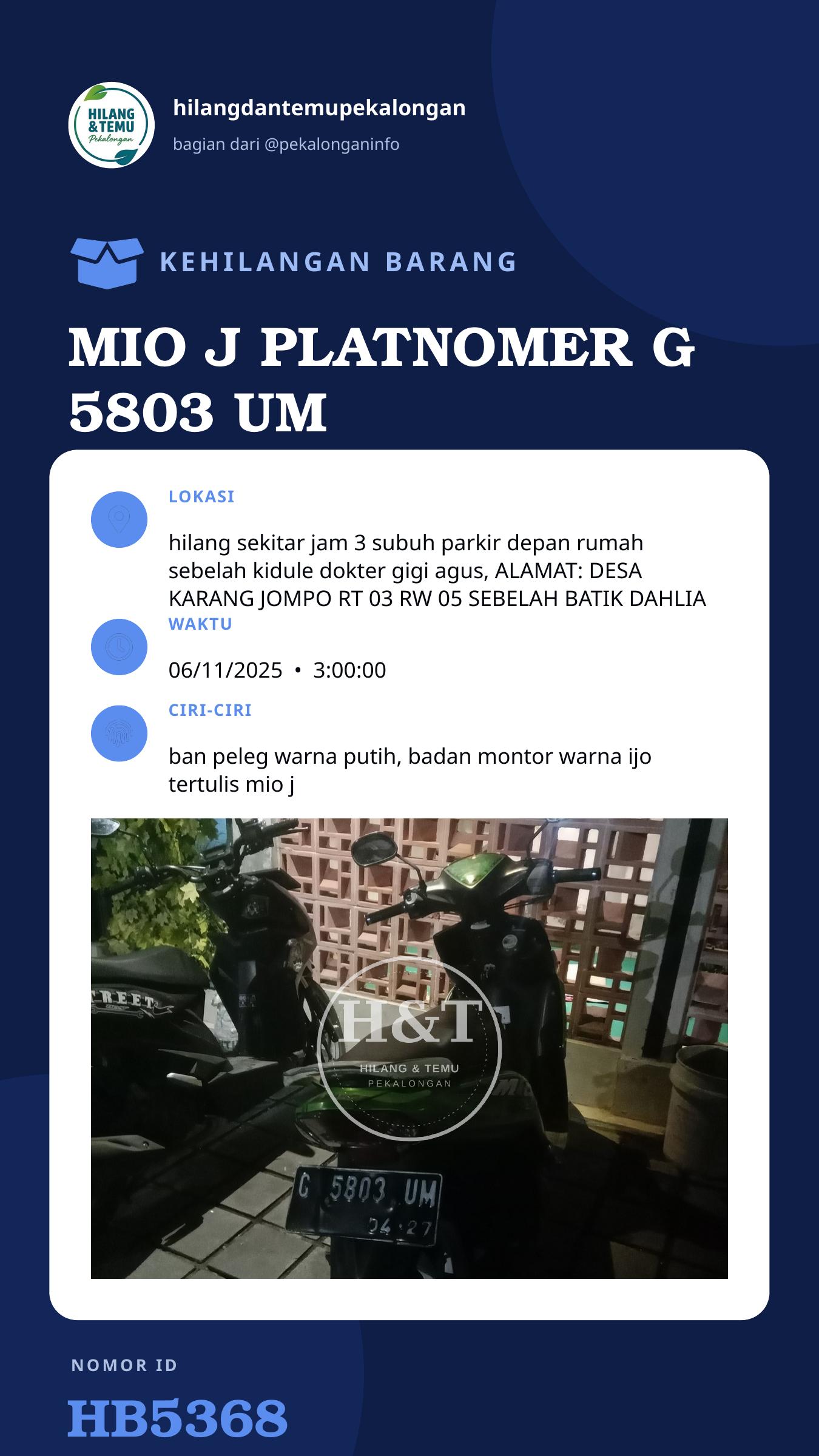 Story 9:16 laporan MIO J PLATNOMER G 5803 UM