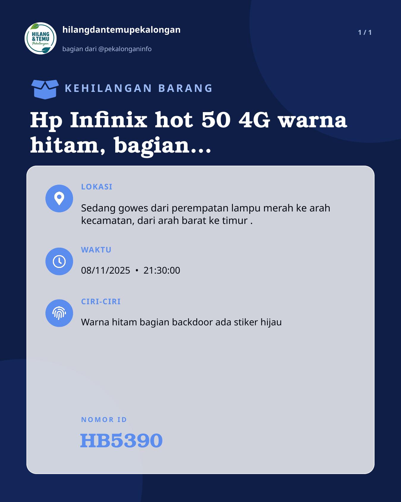 Slide laporan Hp Infinix hot 50 4G warna hitam, bagian backdoor ada stiker (HB5390)