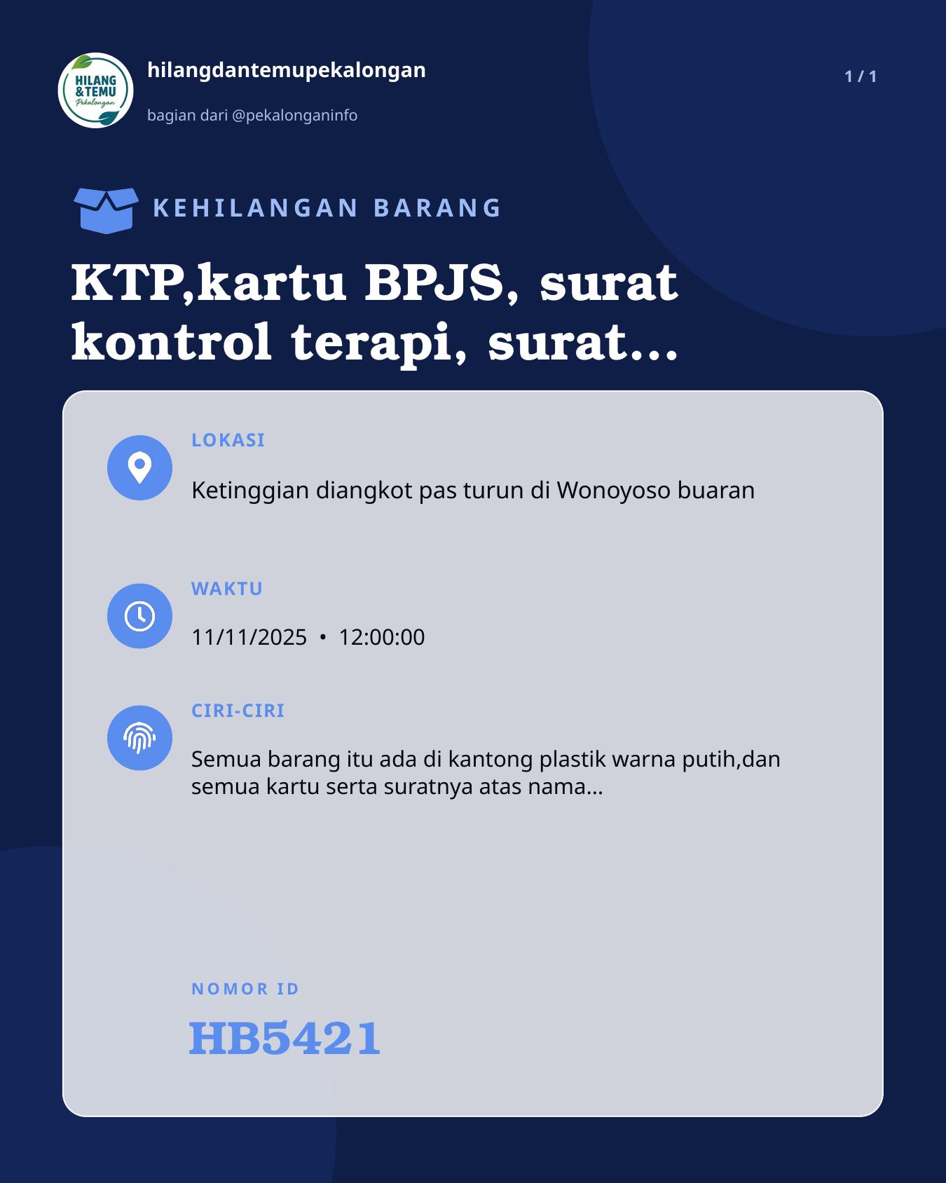 Slide laporan KTP,kartu BPJS, surat kontrol terapi, surat priksa kesehatan lainnya dan obat(KTP dan surat" lainnya itu atas nama Bapak Zamroni) (HB5421)