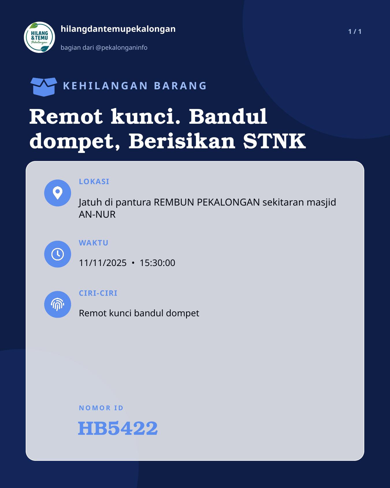Slide laporan Remot kunci. Bandul dompet, Berisikan STNK (HB5422)