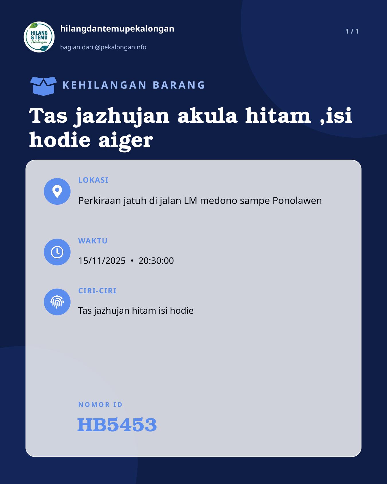 Slide laporan Tas jazhujan akula hitam ,isi hodie aiger (HB5453)