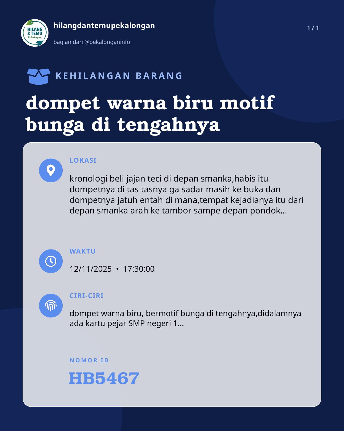 Slide laporan dompet warna biru motif bunga di tengahnya (HB5467)