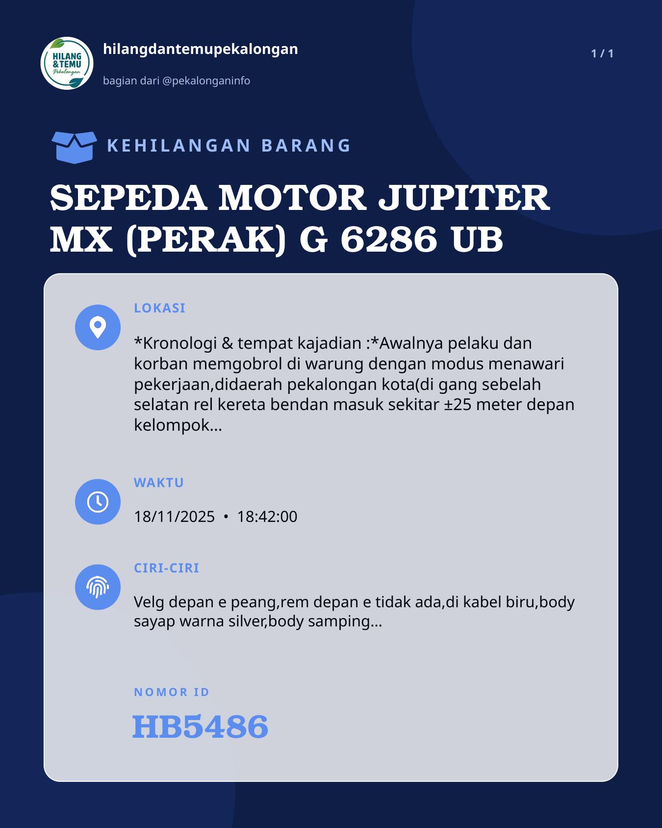 Slide laporan SEPEDA MOTOR JUPITER MX (PERAK) G 6286 UB (HB5486)