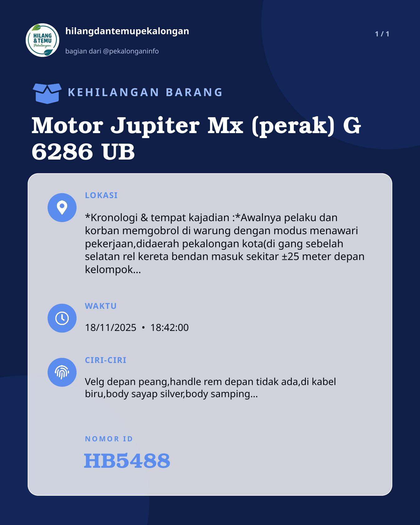 Slide laporan Motor Jupiter Mx (perak) G 6286 UB (HB5488)