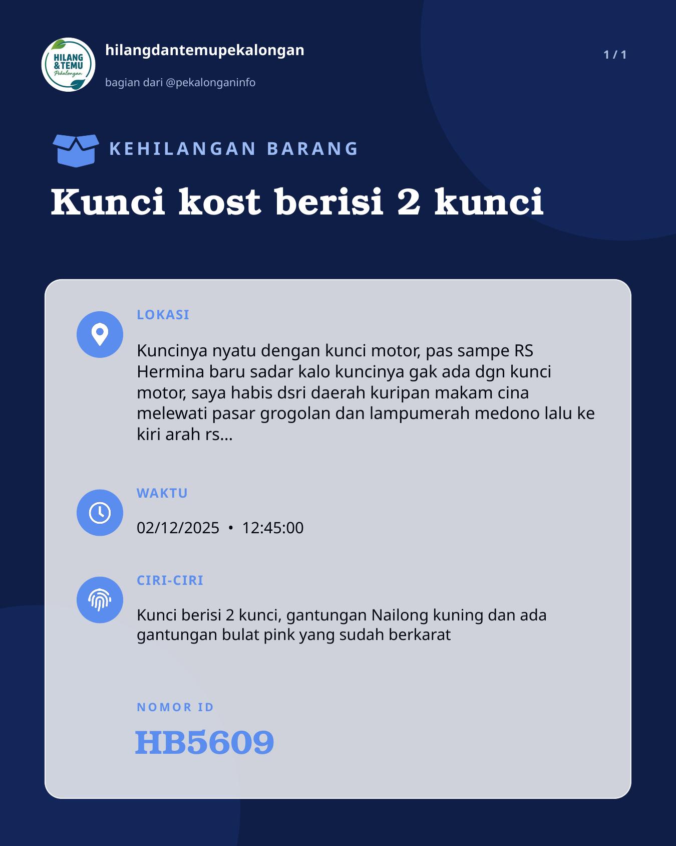 Slide laporan Kunci kost berisi 2 kunci (HB5609)