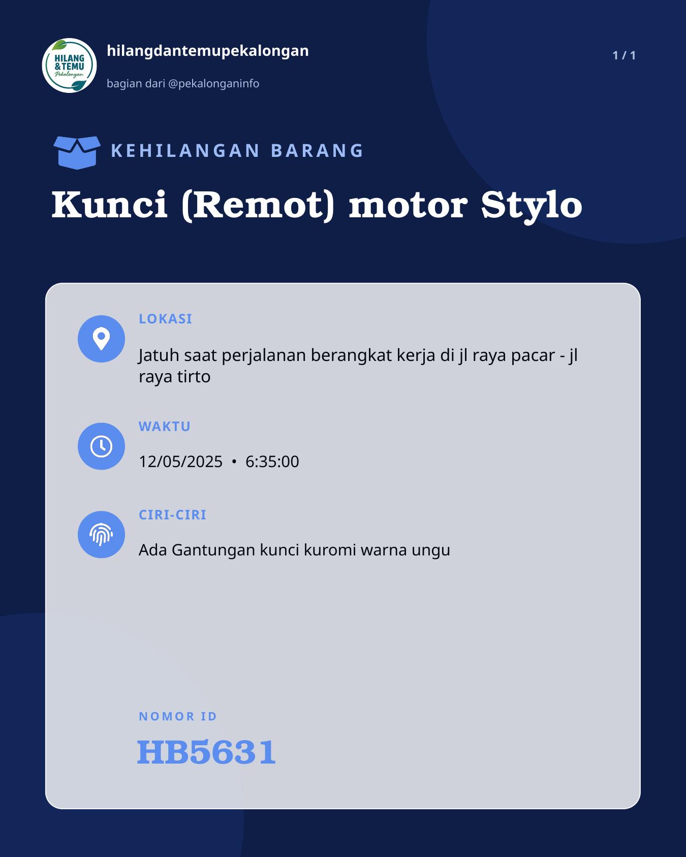 Slide laporan Kunci (Remot) motor Stylo (HB5631)
