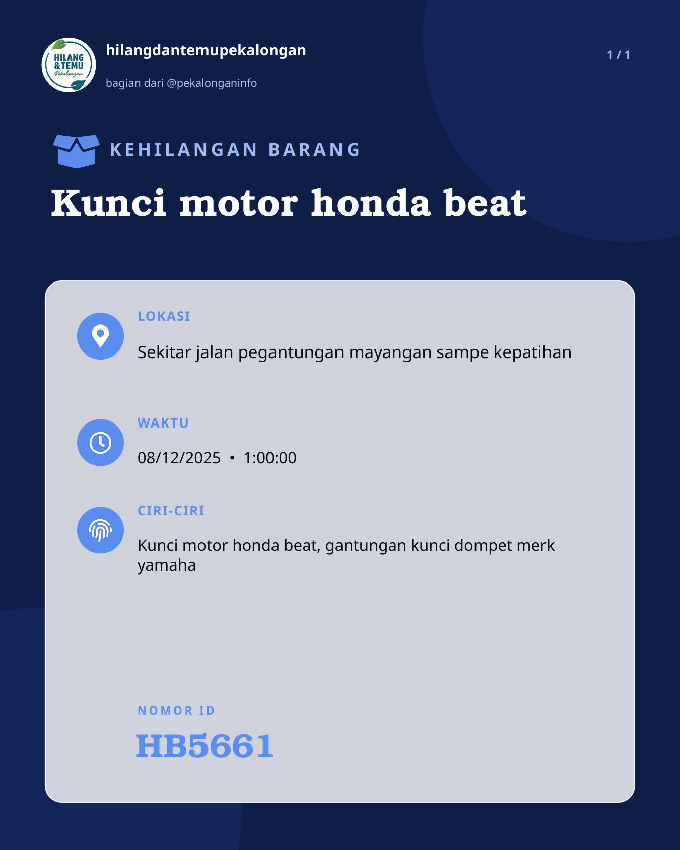 Slide laporan Kunci motor honda beat (HB5661)
