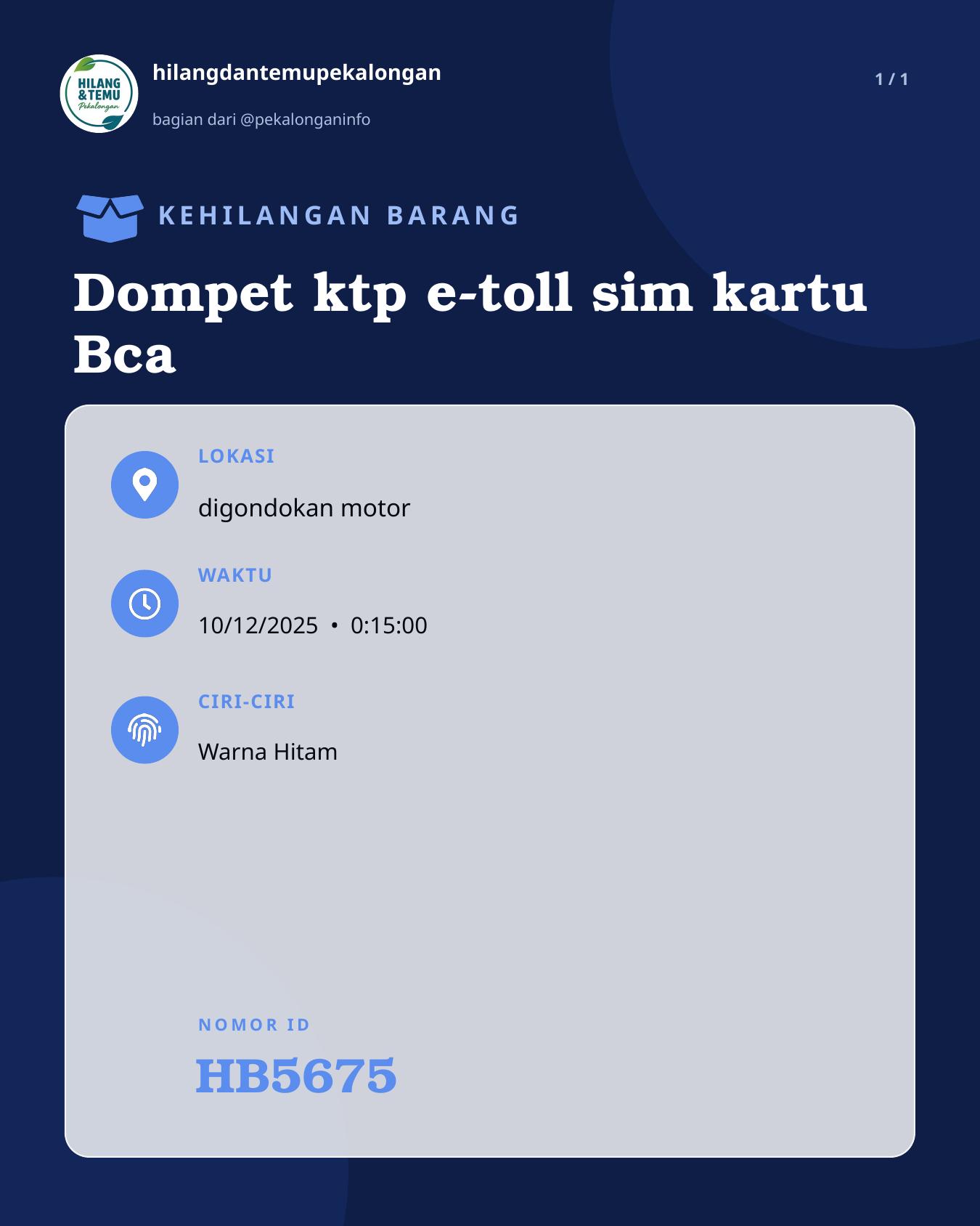 Slide laporan Dompet ktp e-toll sim kartu Bca (HB5675)