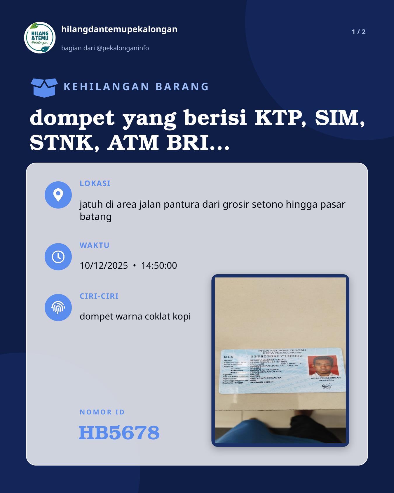 Slide 1 laporan dompet yang berisi KTP, SIM, STNK, ATM BRI, BPJS KESEHATAN, kartu Member malala