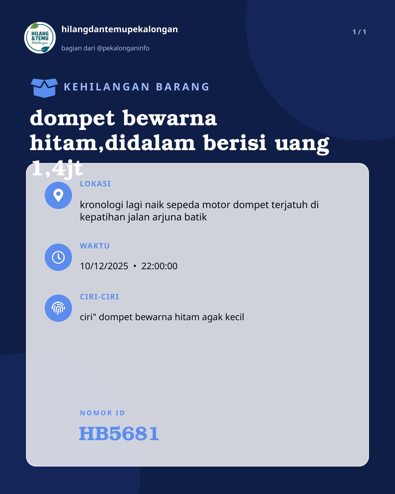 Slide laporan dompet bewarna hitam,didalam berisi uang 1,4jt (HB5681)