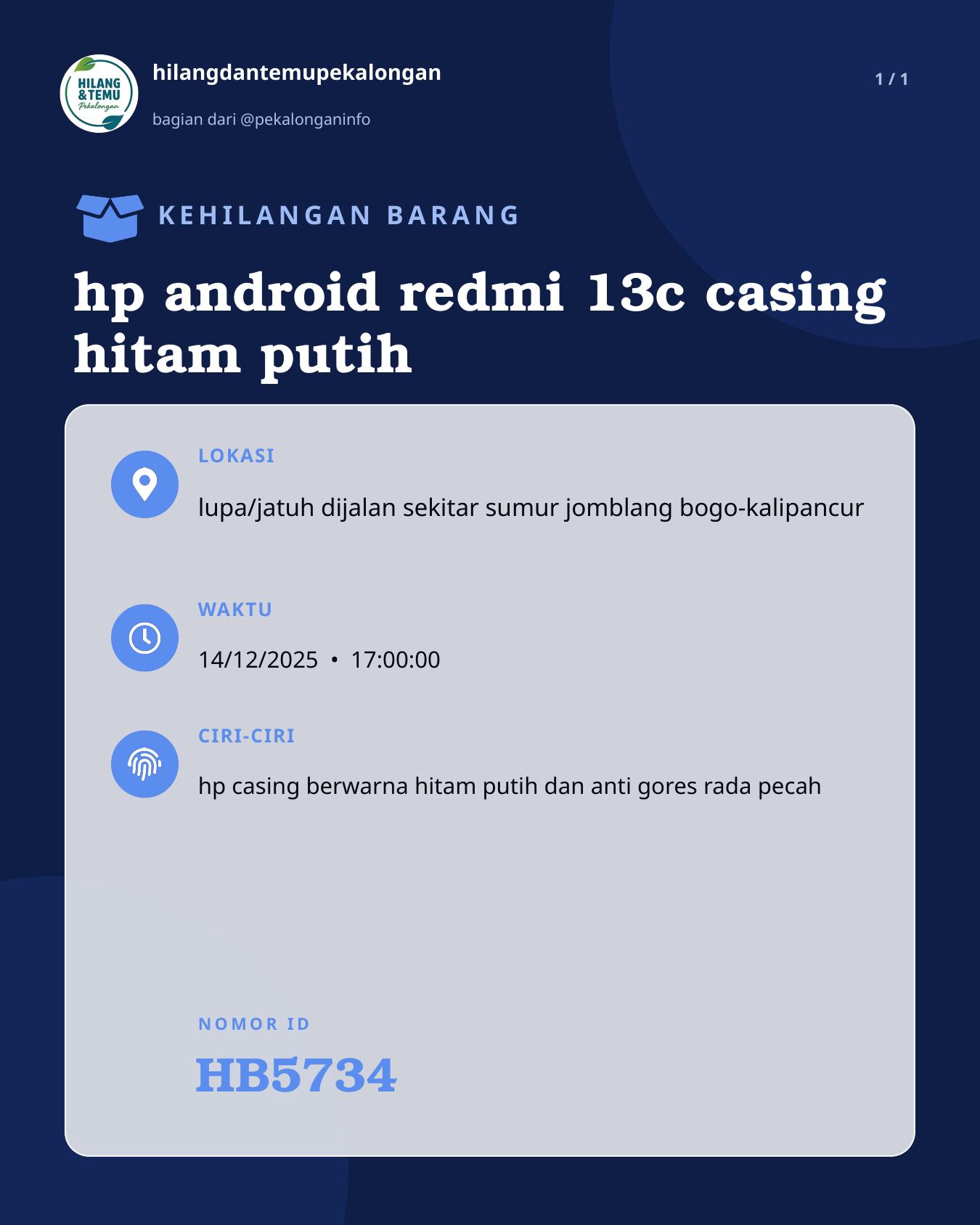 Slide laporan hp android redmi 13c casing hitam putih (HB5734)