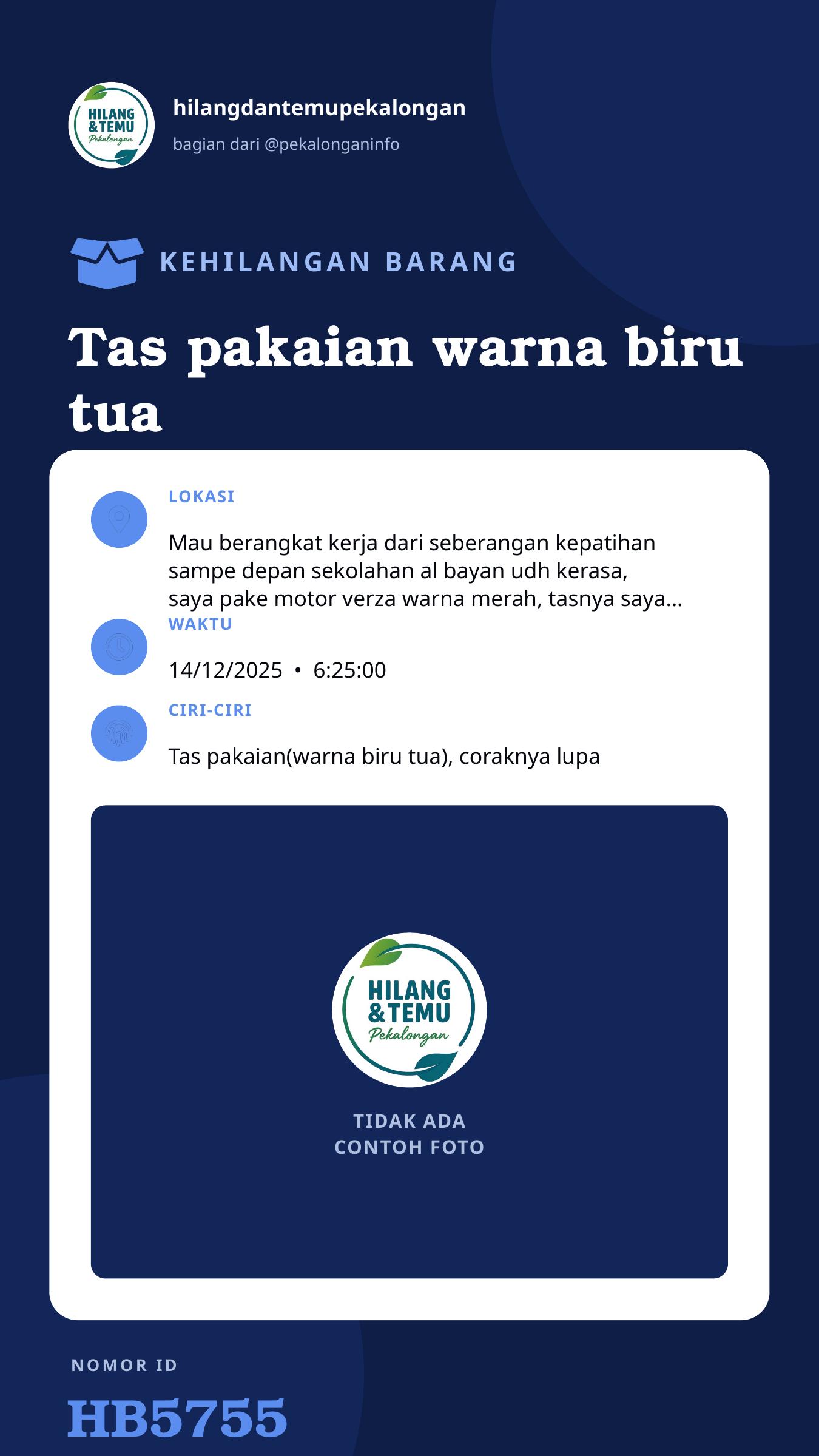 Story 9:16 laporan Tas pakaian warna biru tua