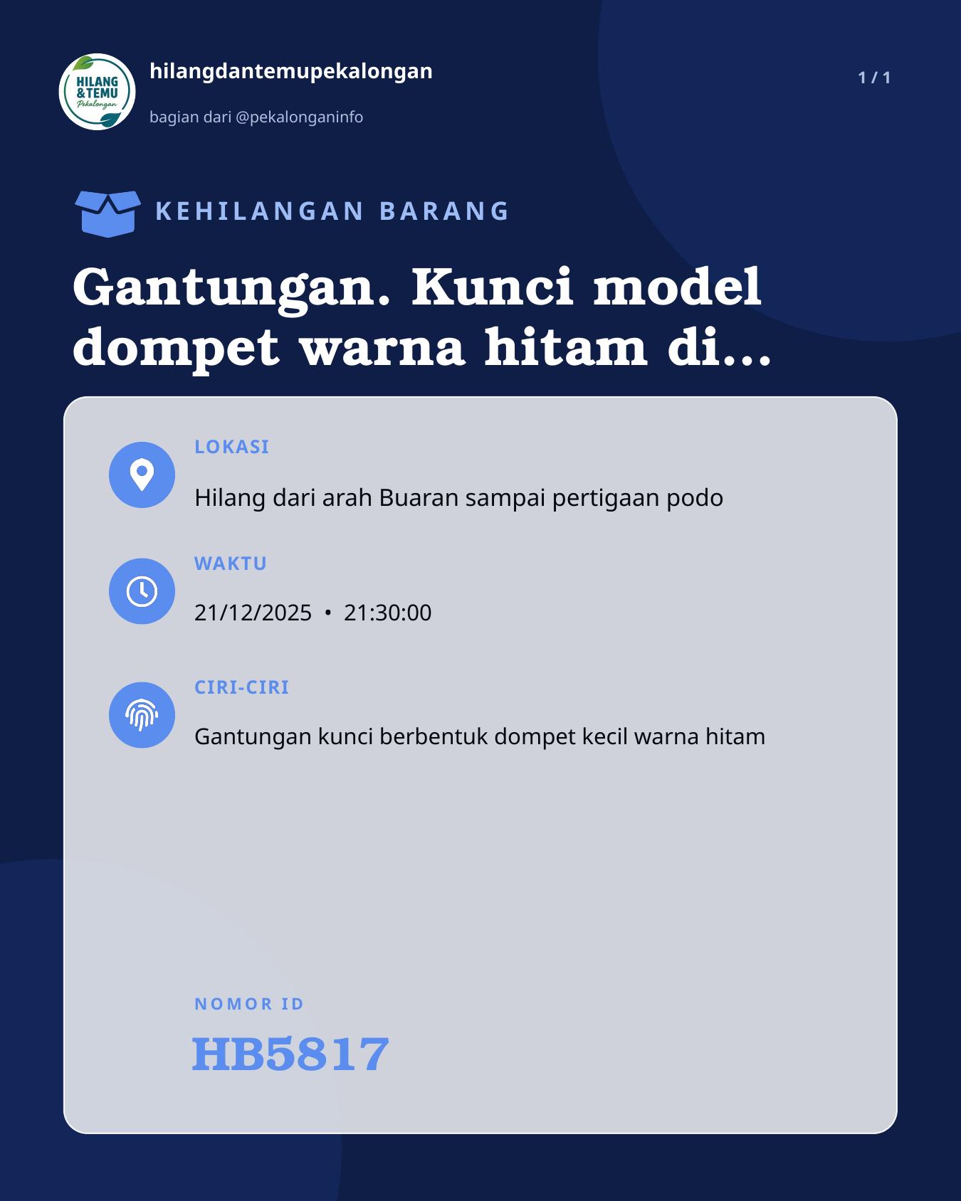 Slide laporan Gantungan. Kunci model dompet warna hitam di dalam nya ada strnk motor (HB5817)