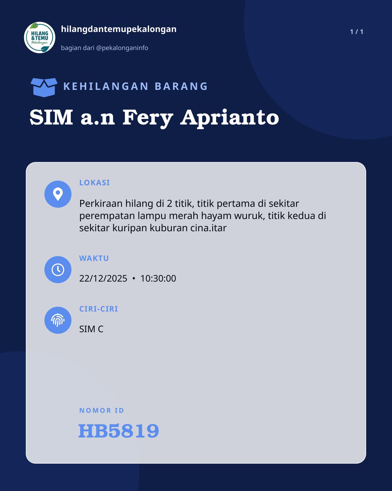 Slide laporan SIM a.n Fery Aprianto (HB5819)
