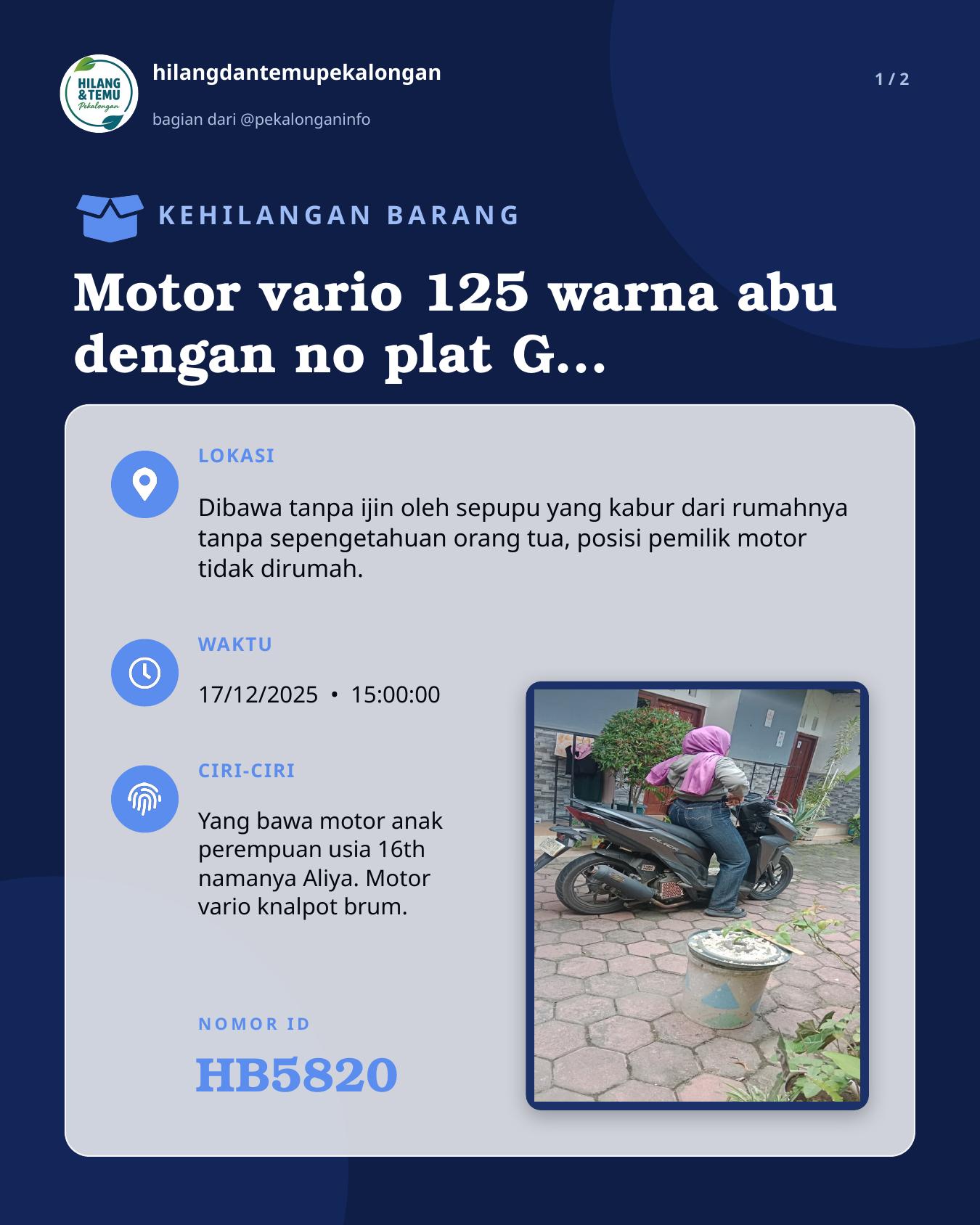 Slide 1 laporan Motor vario 125 warna abu dengan no plat G 4604 TH