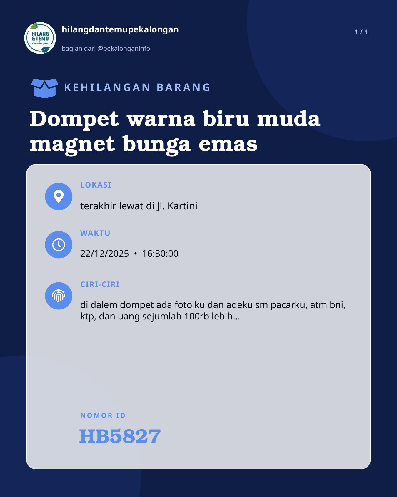 Slide laporan Dompet warna biru muda magnet bunga emas (HB5827)