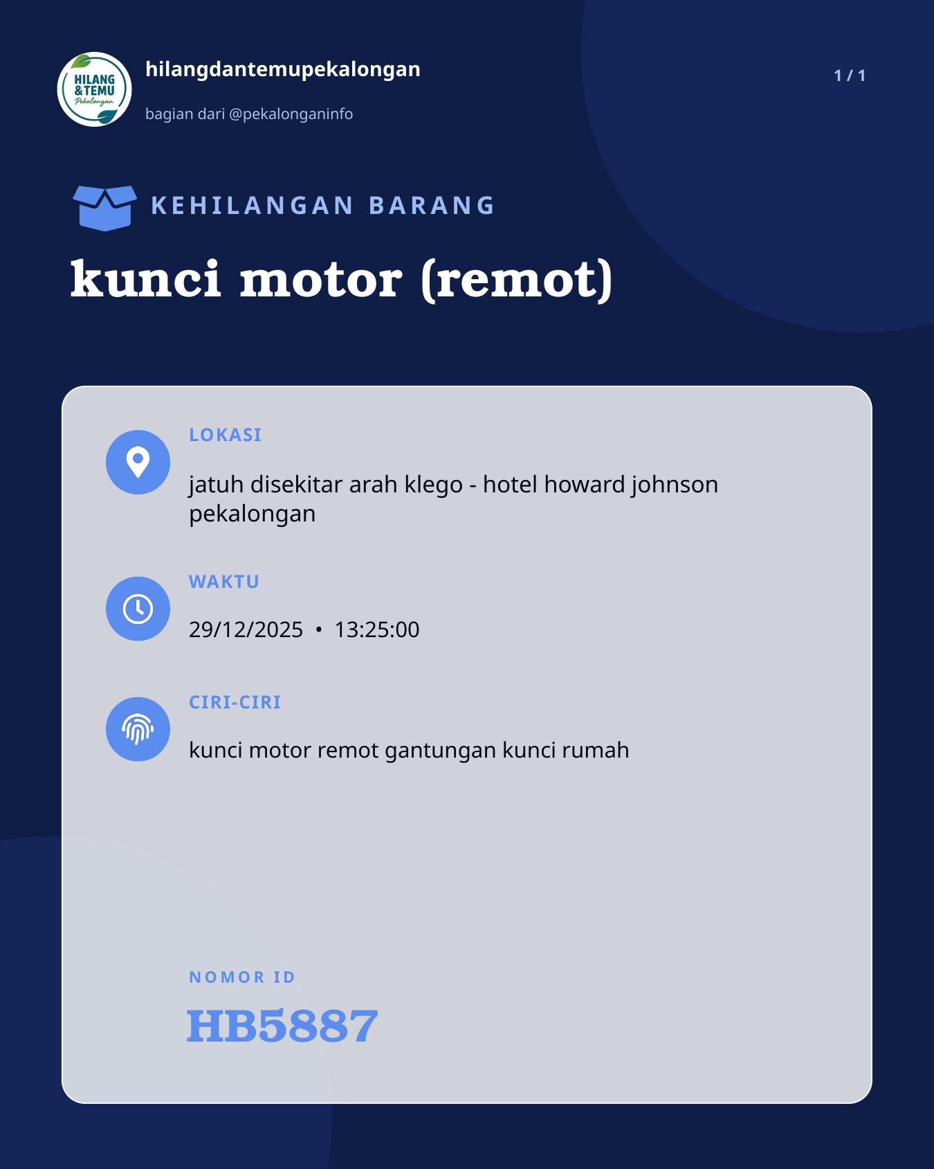 Slide laporan kunci motor (remot) (HB5887)