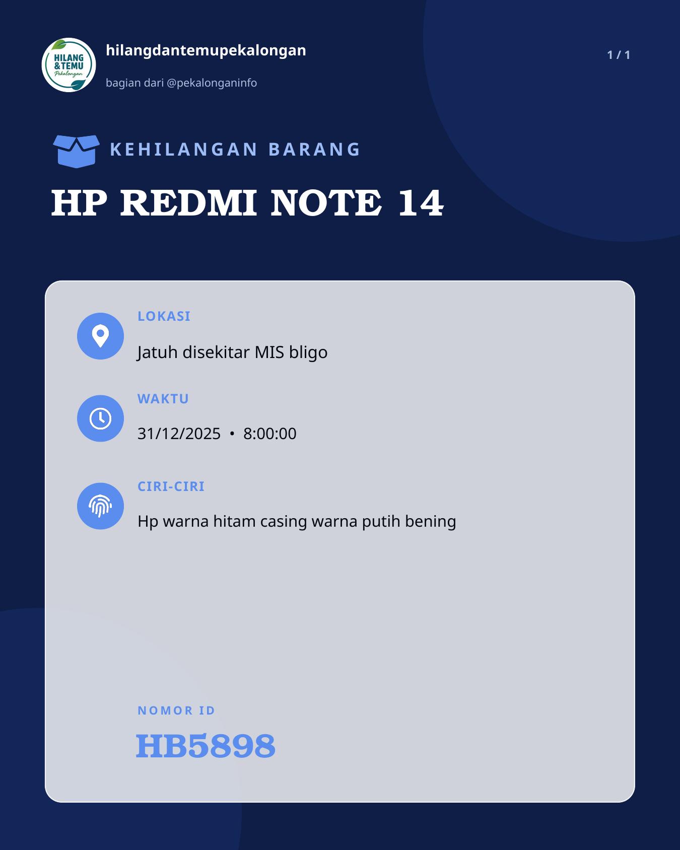 Slide laporan HP REDMI NOTE 14 (HB5898)