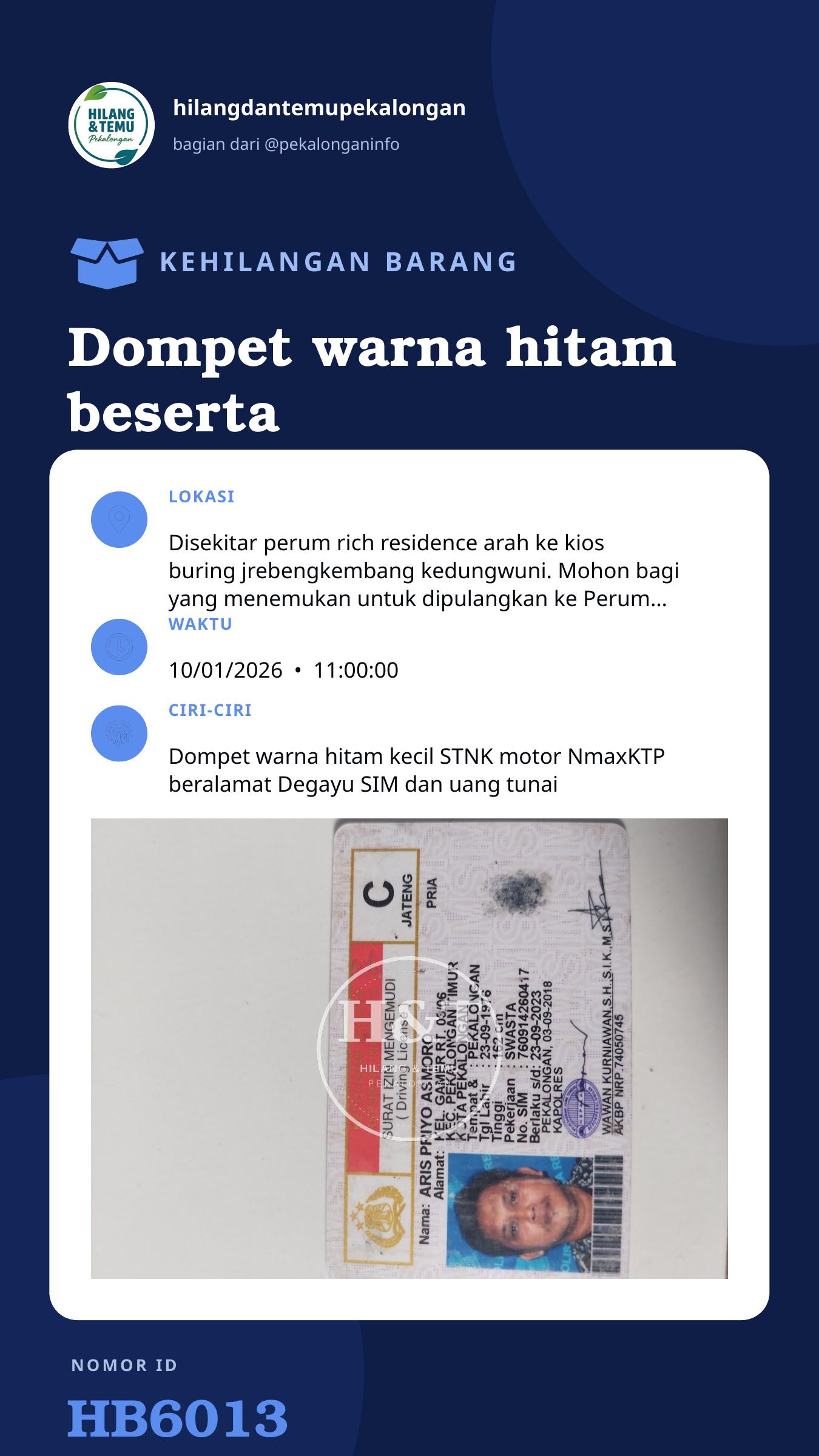Story 9:16 laporan Dompet warna hitam beserta STNK NMax,KTP,SIM a.n ybs dan uang tunai