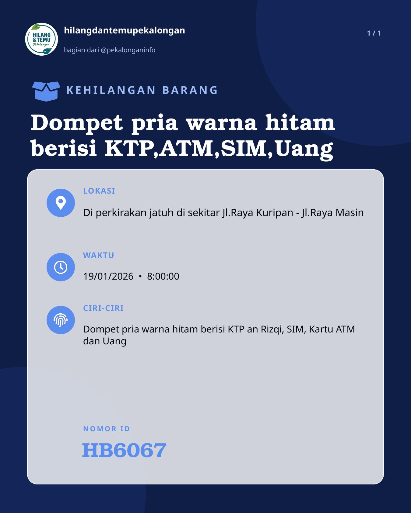 Slide laporan Dompet pria warna hitam berisi KTP,ATM,SIM,Uang (HB6067)