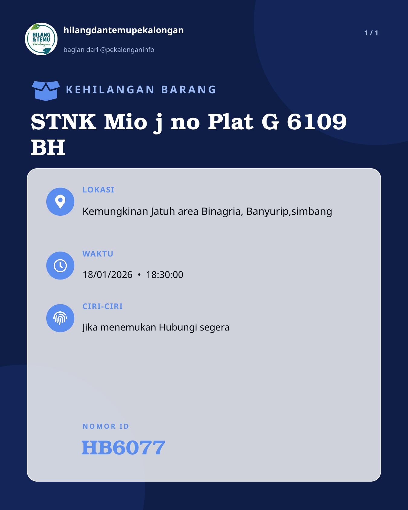 Slide laporan STNK Mio j no Plat G 6109 BH (HB6077)