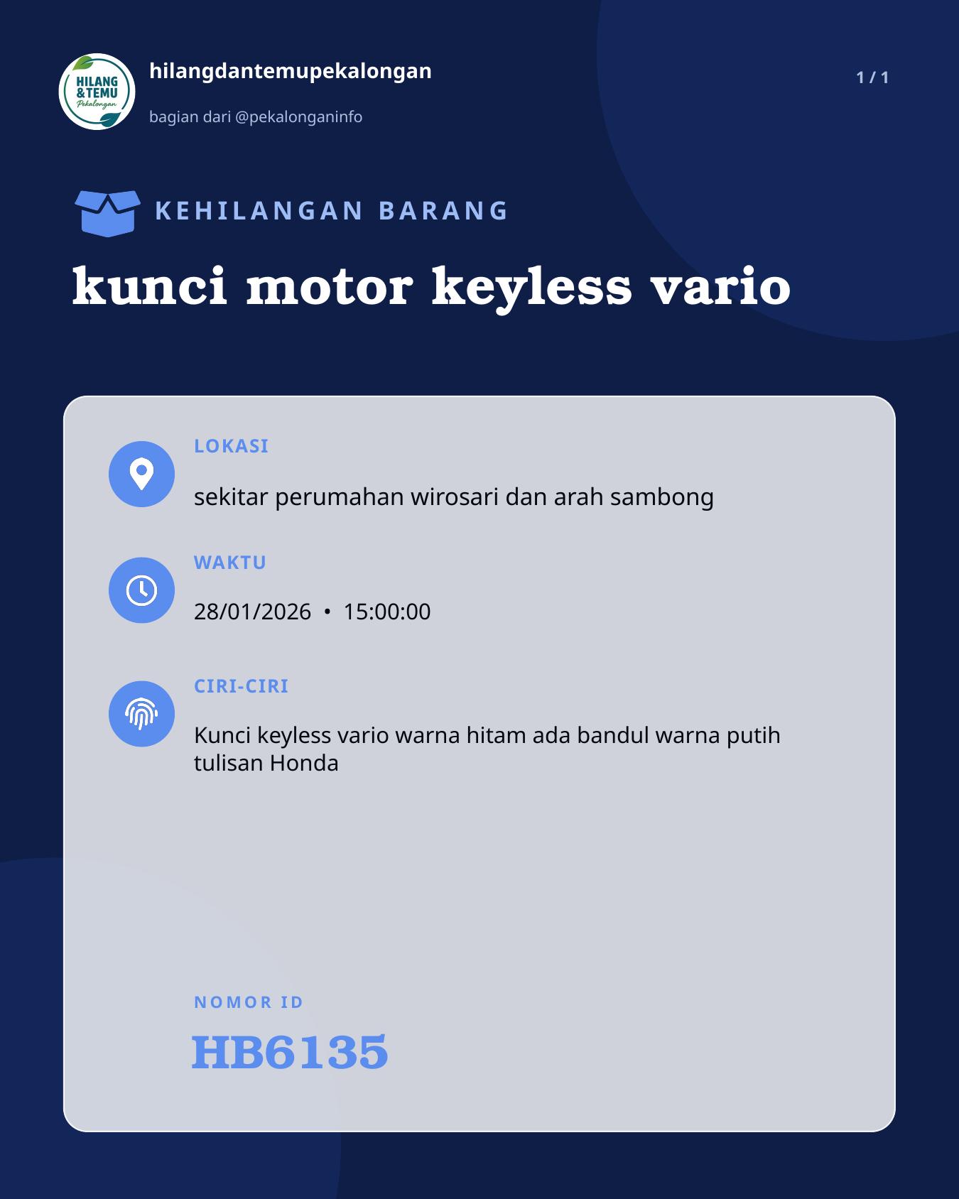 Slide laporan kunci motor keyless vario (HB6135)