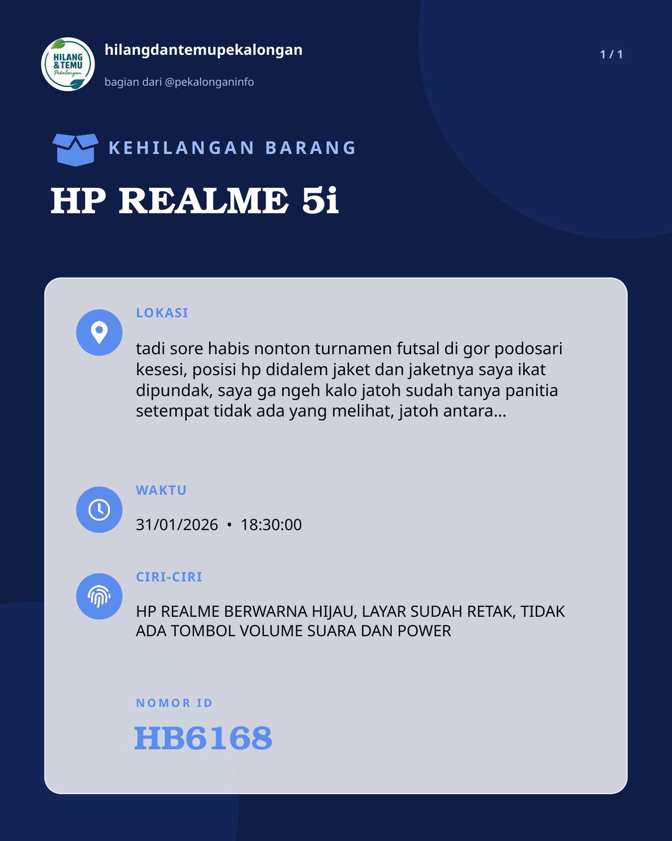 Slide laporan HP REALME 5i (HB6168)