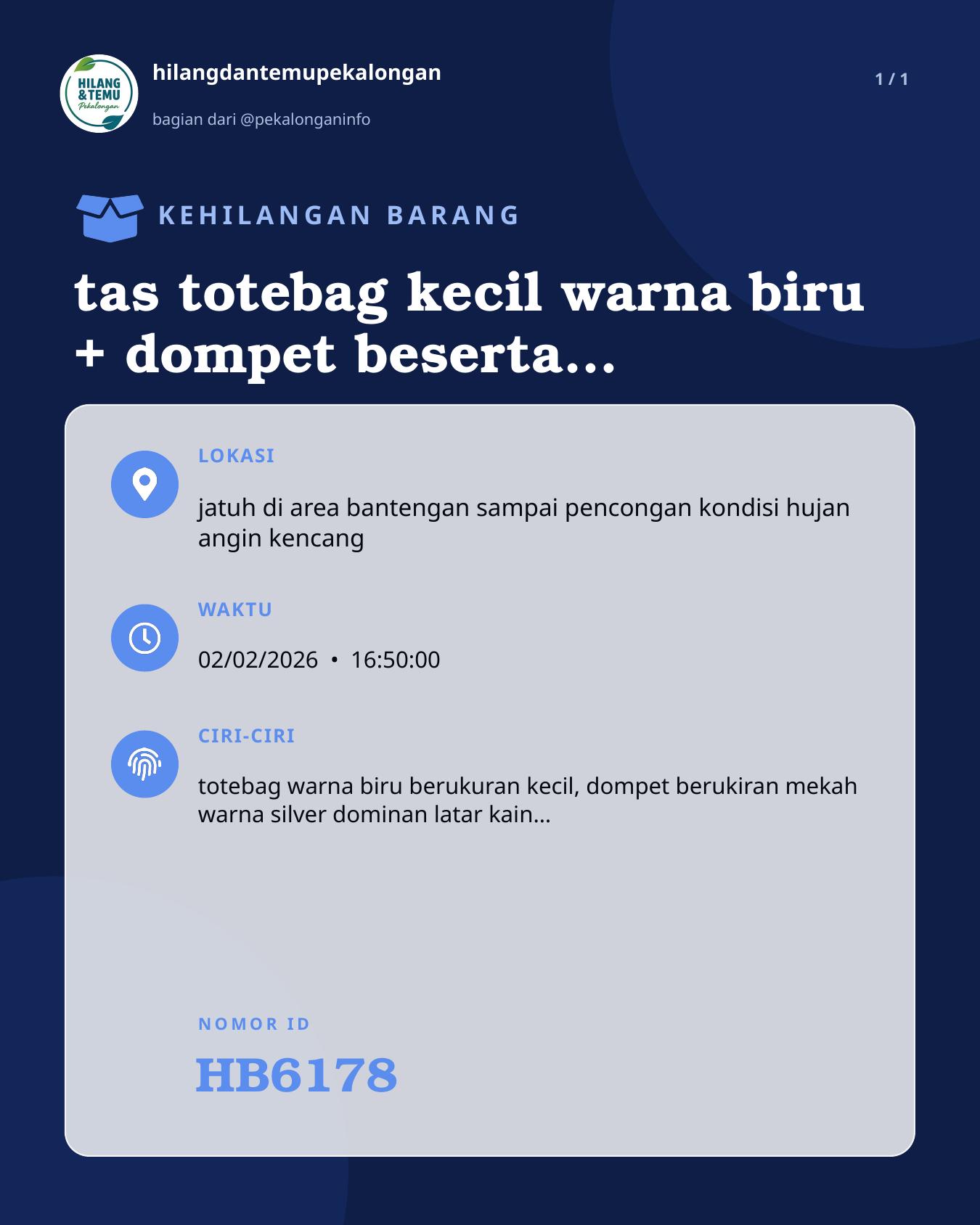 Slide laporan tas totebag kecil warna biru + dompet beserta kartu penting dan uang (HB6178)