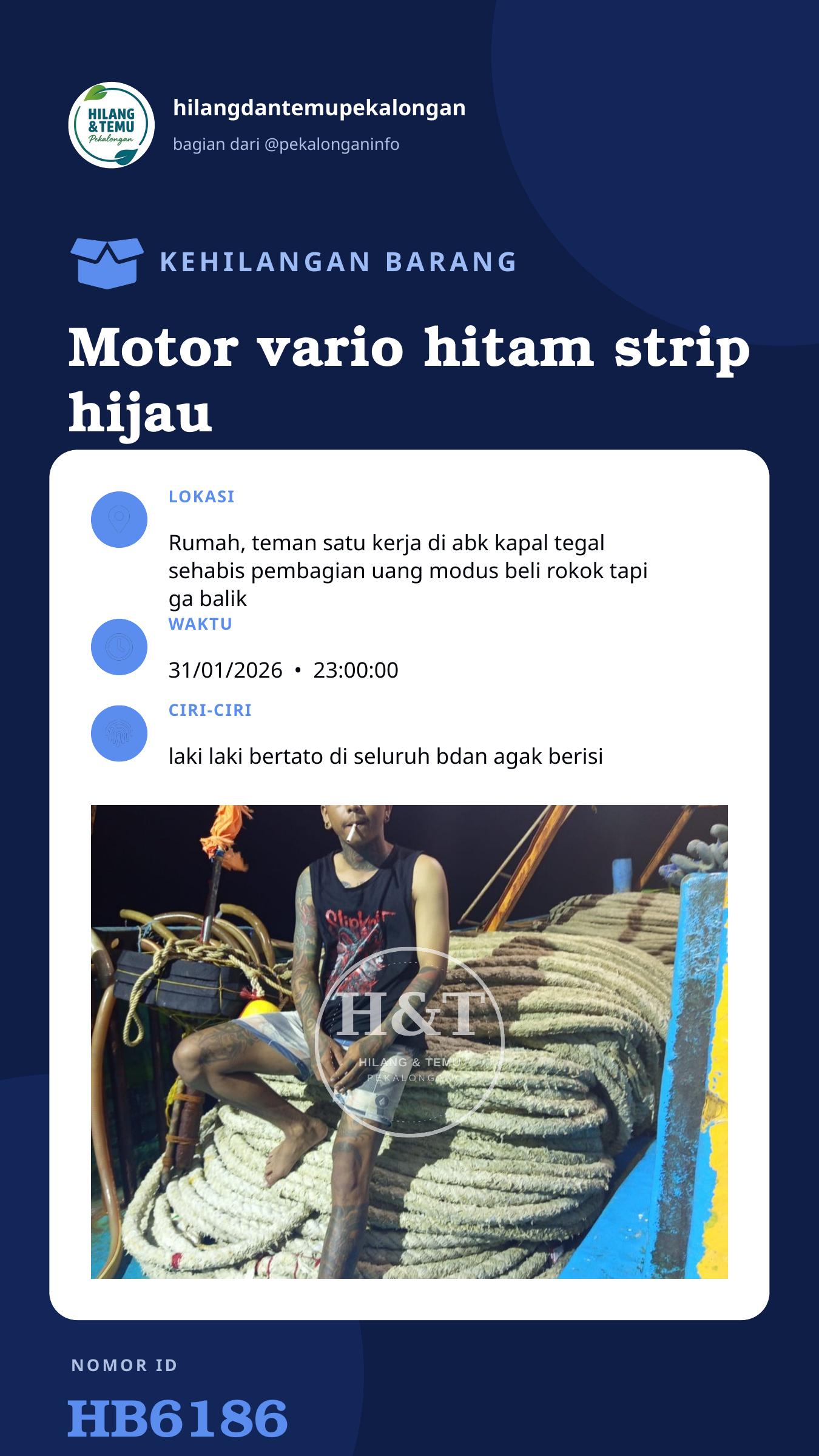 Story 9:16 laporan Motor vario hitam strip hijau , nopol G 2845 AGC