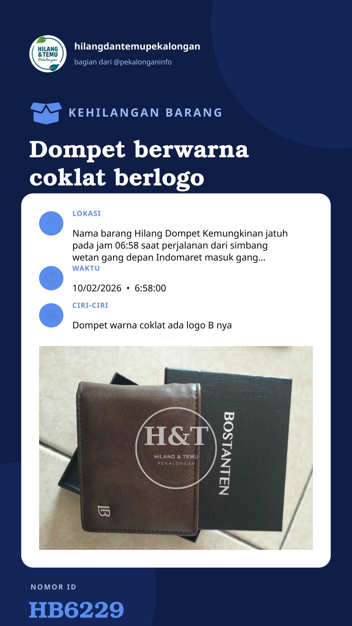 Story 9:16 laporan Dompet berwarna coklat berlogo B
