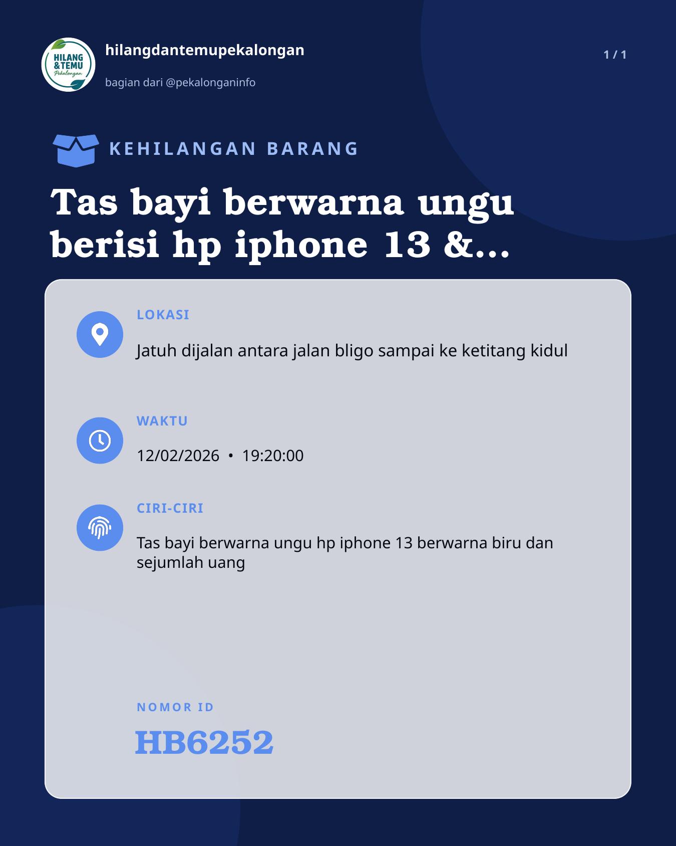 Slide laporan Tas bayi berwarna ungu berisi hp iphone 13 & uang (HB6252)