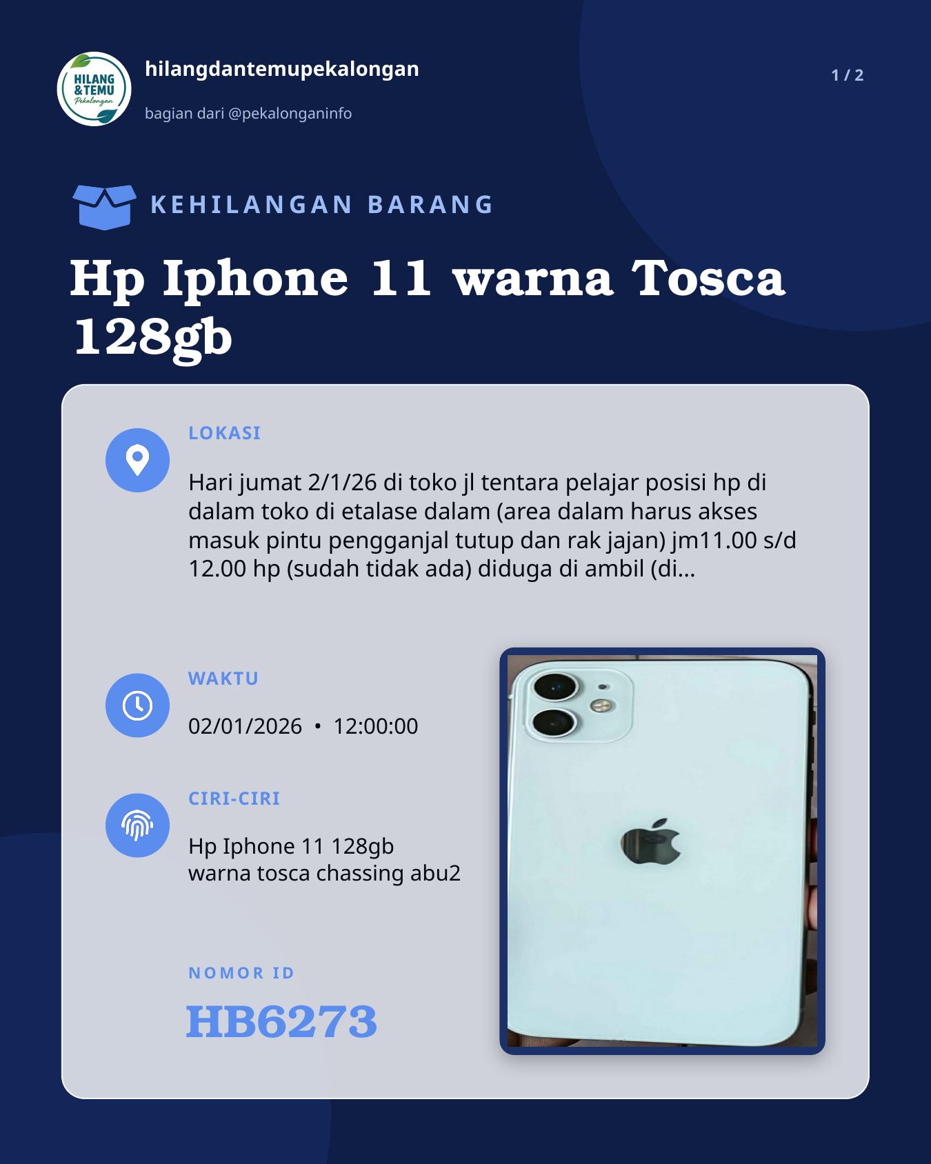 Slide 1 laporan Hp Iphone 11 warna Tosca 128gb