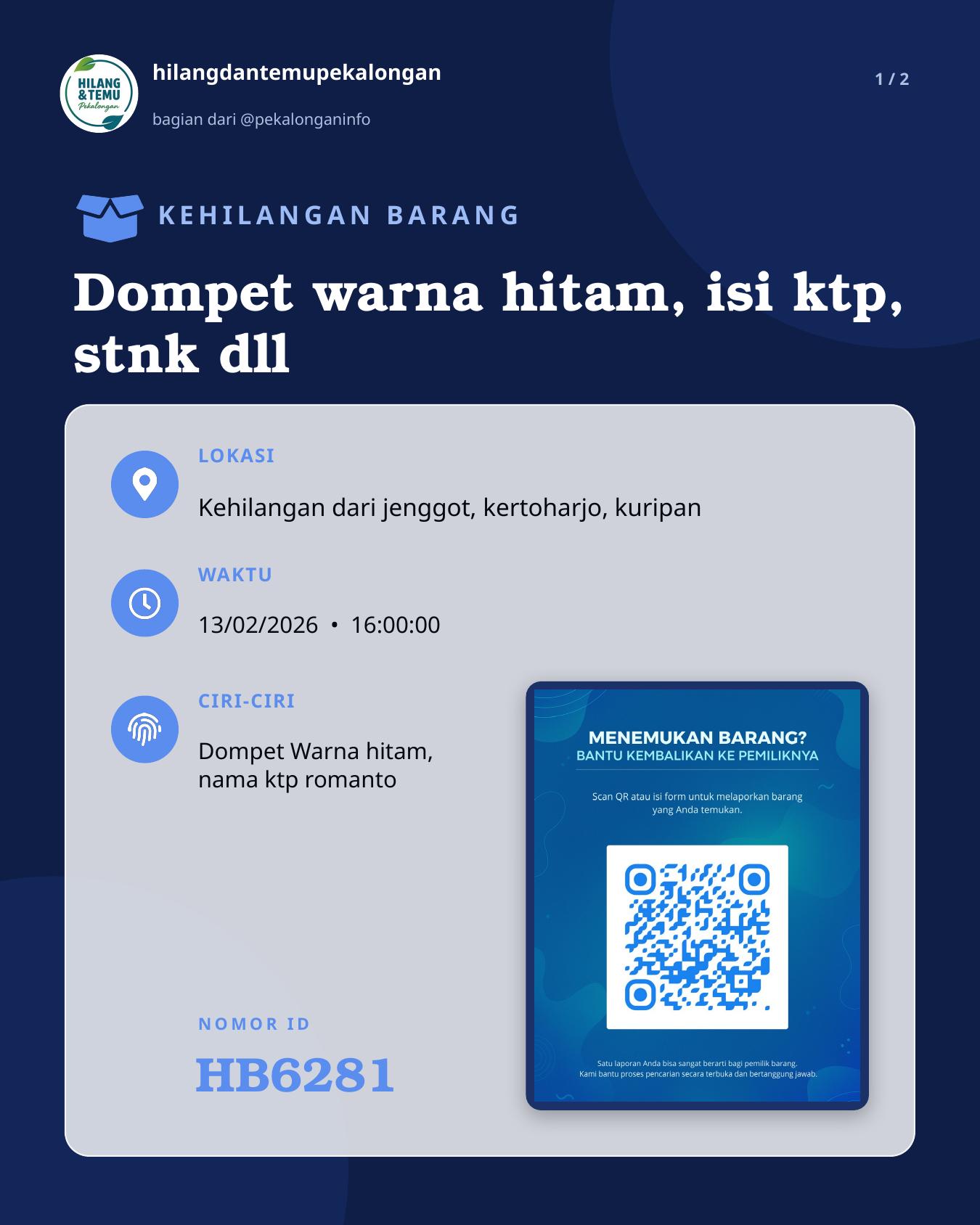 Slide 1 laporan Dompet warna hitam, isi ktp, stnk dll