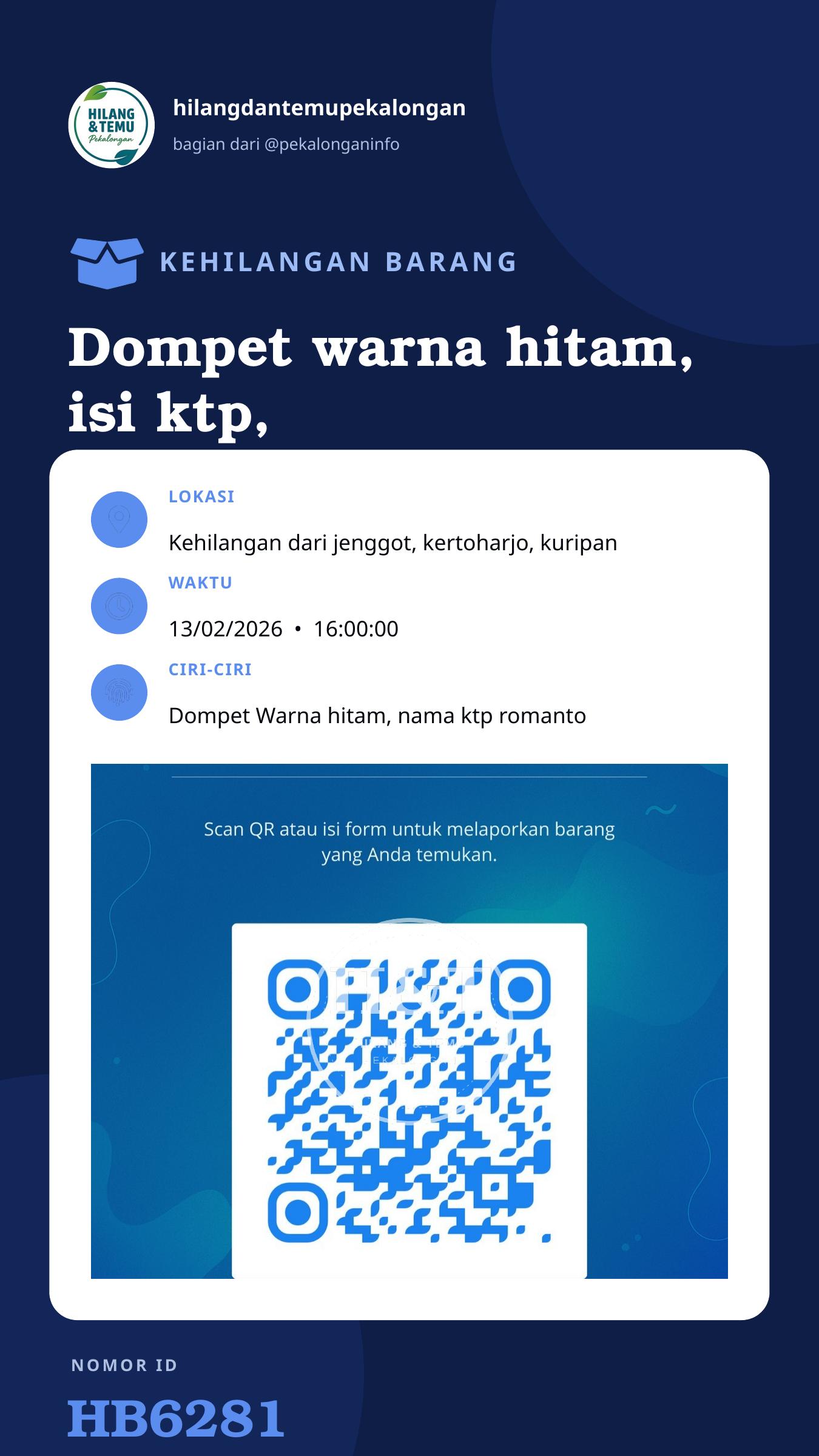 Story 9:16 laporan Dompet warna hitam, isi ktp, stnk dll