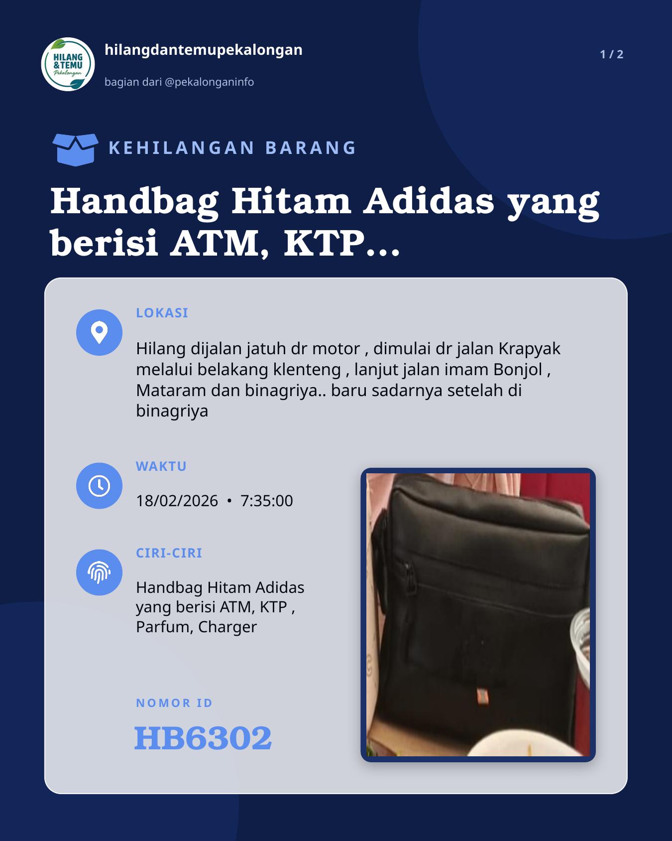 Slide 1 laporan Handbag Hitam Adidas yang berisi ATM, KTP , Parfum, Charger