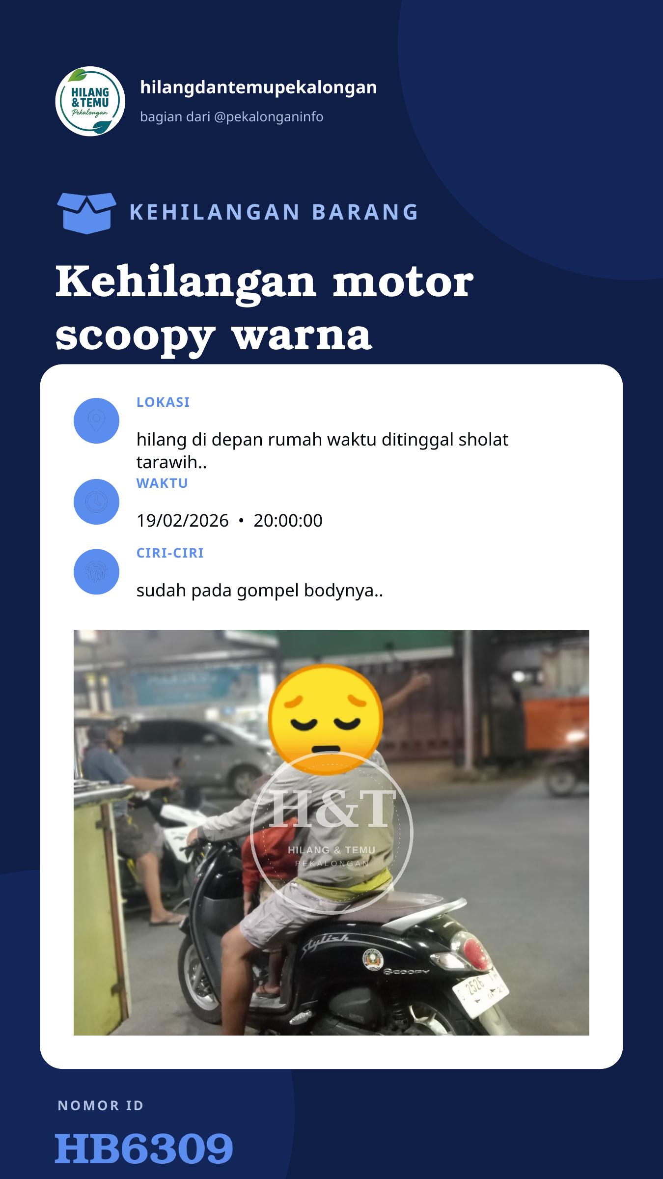 Story 9:16 laporan Kehilangan motor scoopy warna hitam silver plat G 2526 IW