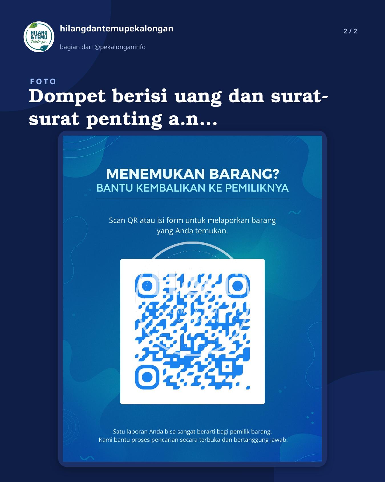 Slide 2 laporan Dompet berisi uang dan surat-surat penting a.n Zulfa Rosida